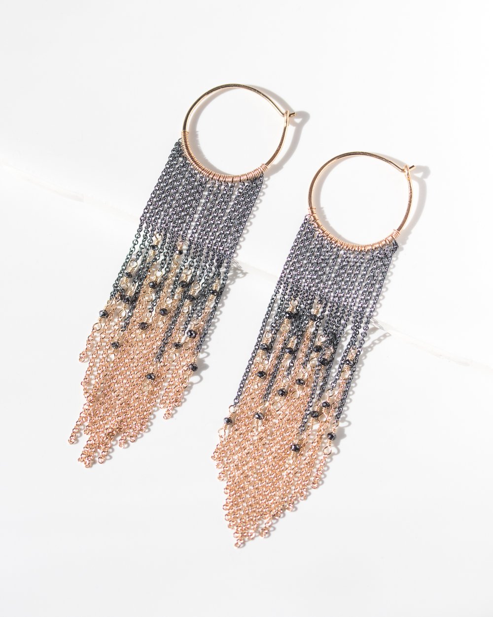 Kite Fringe Earrings in 14k yellow gold, oxidized silver, and black diamonds by jewelry designer Dana Kellin