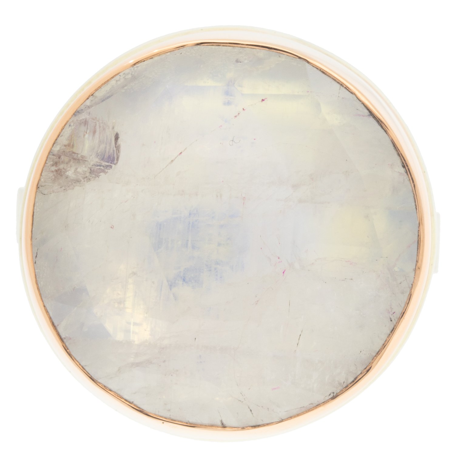 Jamie Joseph: Ring, Round rose cut, 14K rose gold bezel set white rainbow moonstone, Sterling silver X band, Stone measures 3/4 in diameter, Currently available in size 7 3/4