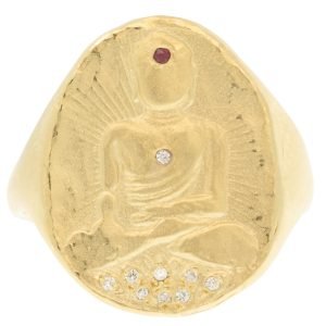 Victoria Cunningham: Ring, Large Buddha Signet, Diamond, 14K yellow gold, Ring face measures 13/16 x 5/8