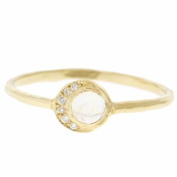 Misa Jewelry: Baby moon ring, 14k yellow gold, rainbow moonstone, white diamonds .03ct  size  6