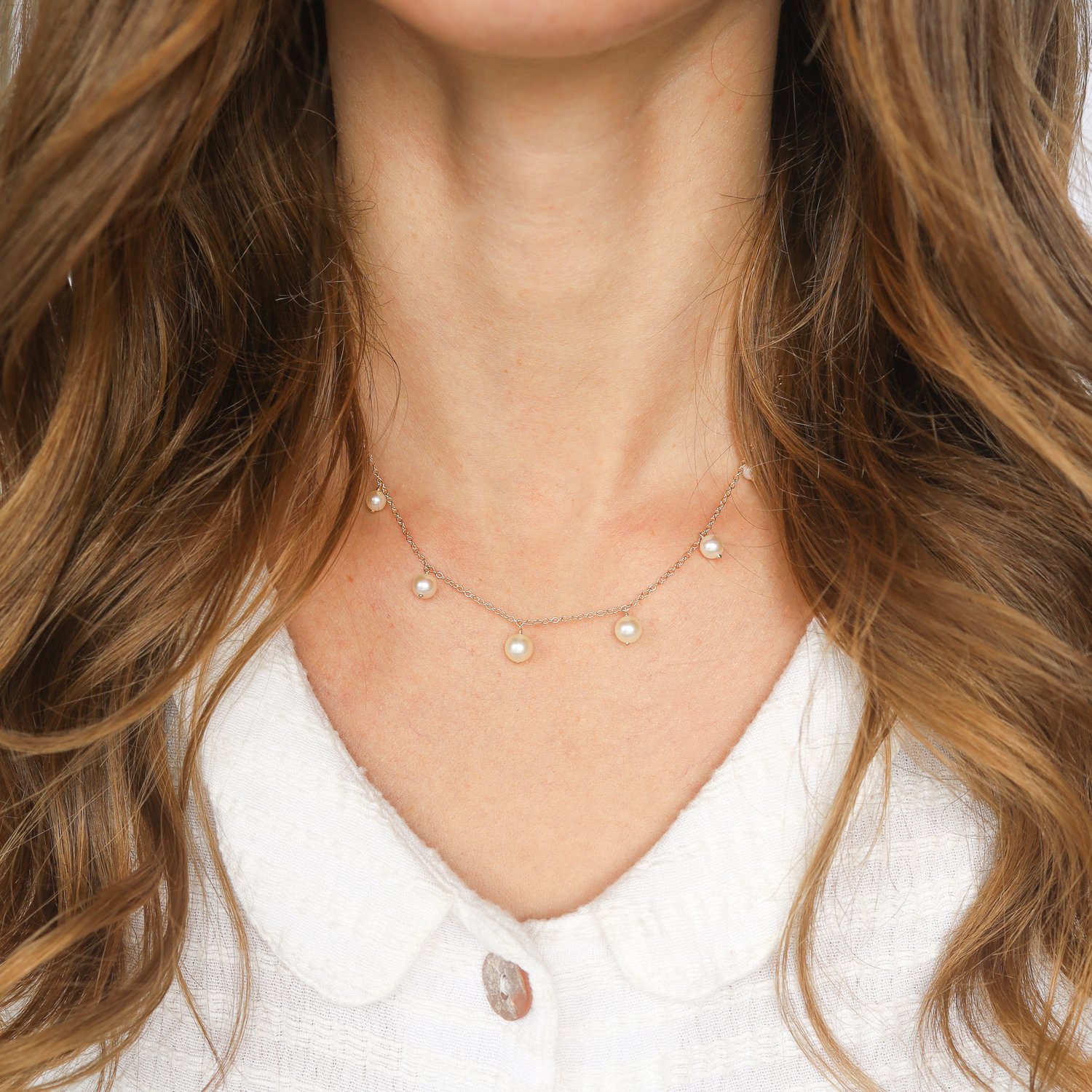 Mizuki:Necklace,14k adjustable graduated Akoya pearl fringe all around