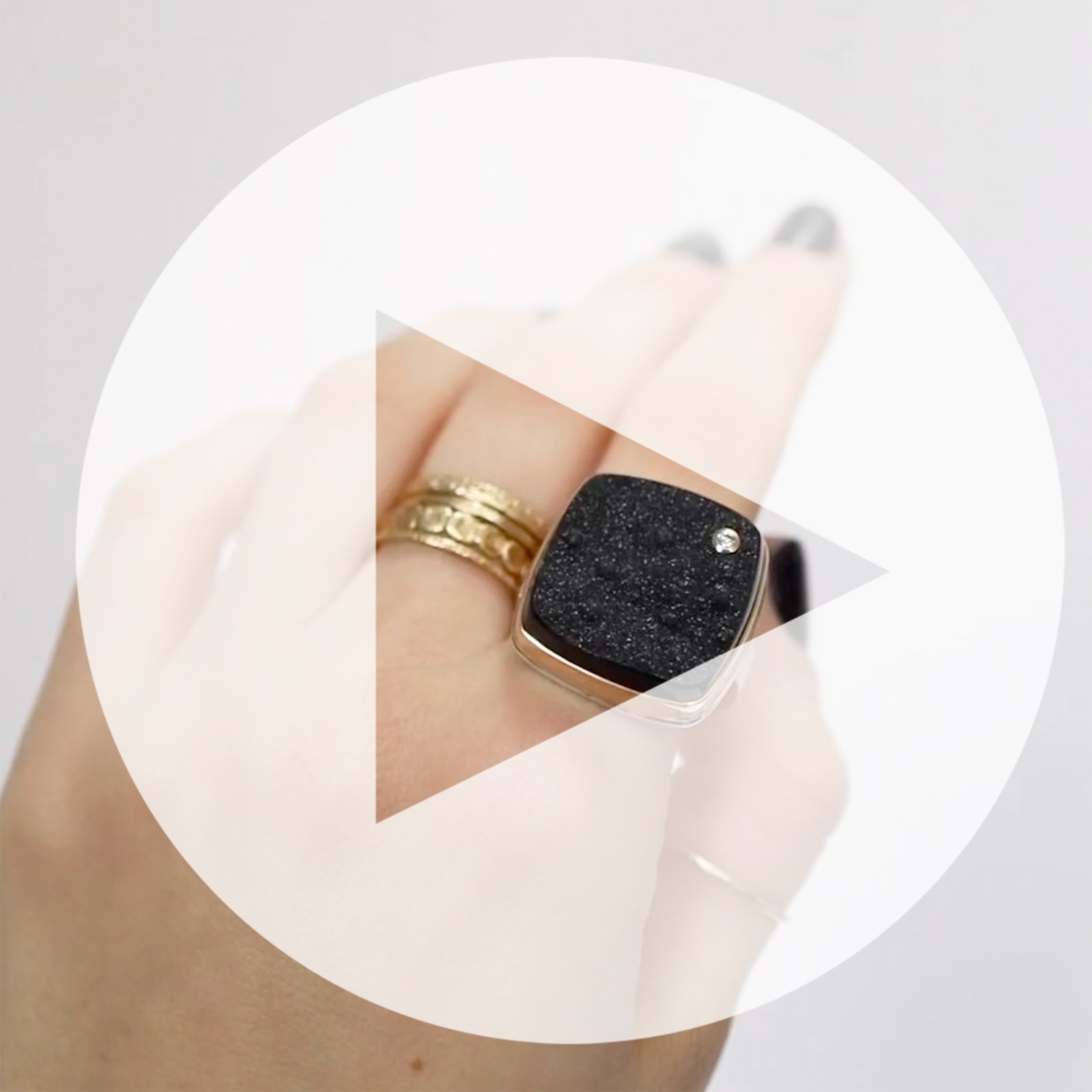 Jamie Joseph: Ring, Square, 14K yellow gold bezel set black Brazilian black drusy, Diamond, .03ct, Sterling silver Y band, Stone measures 3/4 x 3/4, Currently available in size 7 3/4