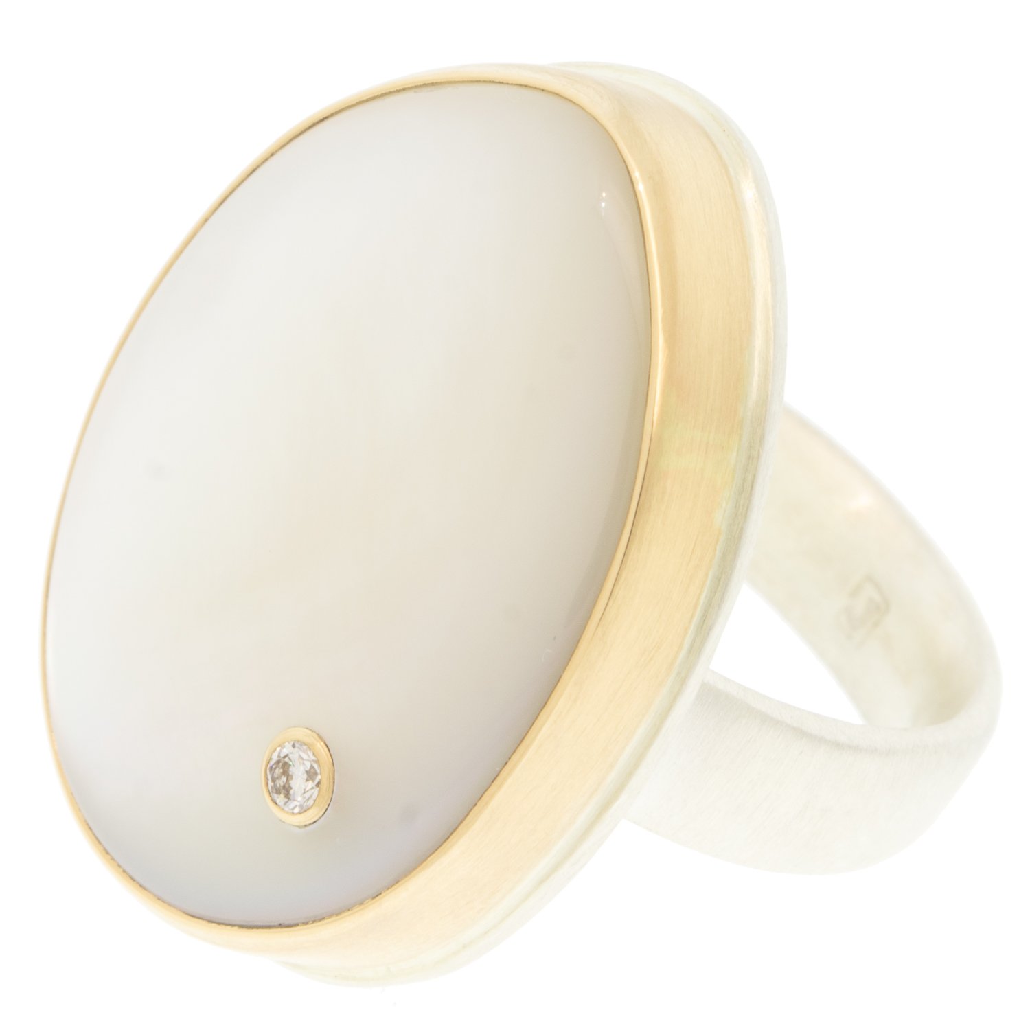Jamie Joseph: Ring, Vertical asymmetrical, 14K gold bezel set mother of pearl, Diamond, .03ct, Sterling silver comfort band, Stone measures 1 x 13/16, Currently available in size 7 1/2