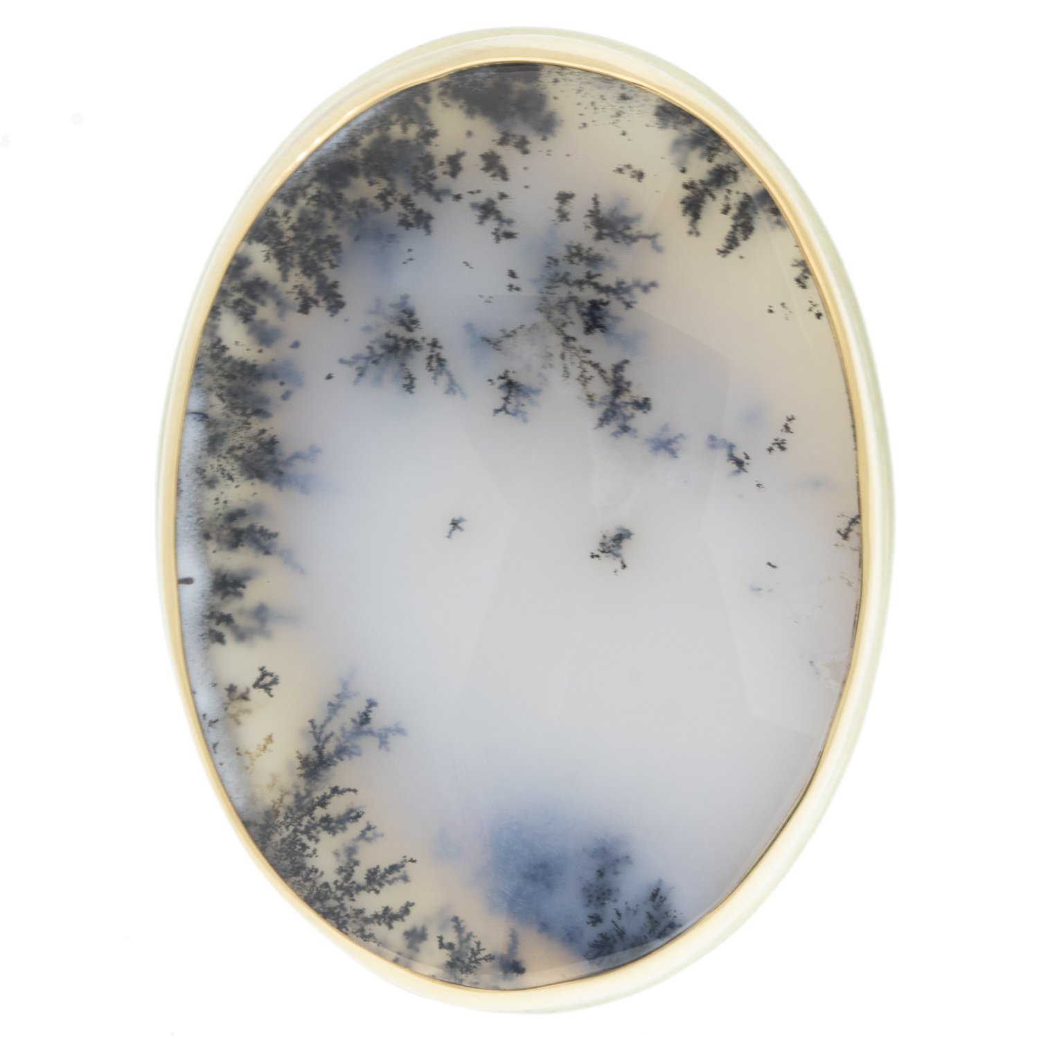 Jamie Joseph: Ring, Large vertical oval rose cut, 14K yellow gold bezel set dendritic opal, Sterling silver comfort band, Stone measures 1 3/16 x 7/8, Currently available in size 8 3/4