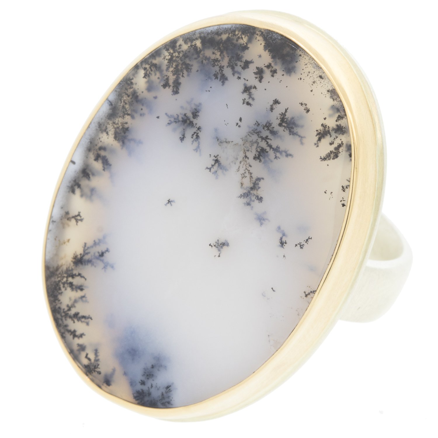 Jamie Joseph: Ring, Large vertical oval rose cut, 14K yellow gold bezel set dendritic opal, Sterling silver comfort band, Stone measures 1 3/16 x 7/8, Currently available in size 8 3/4