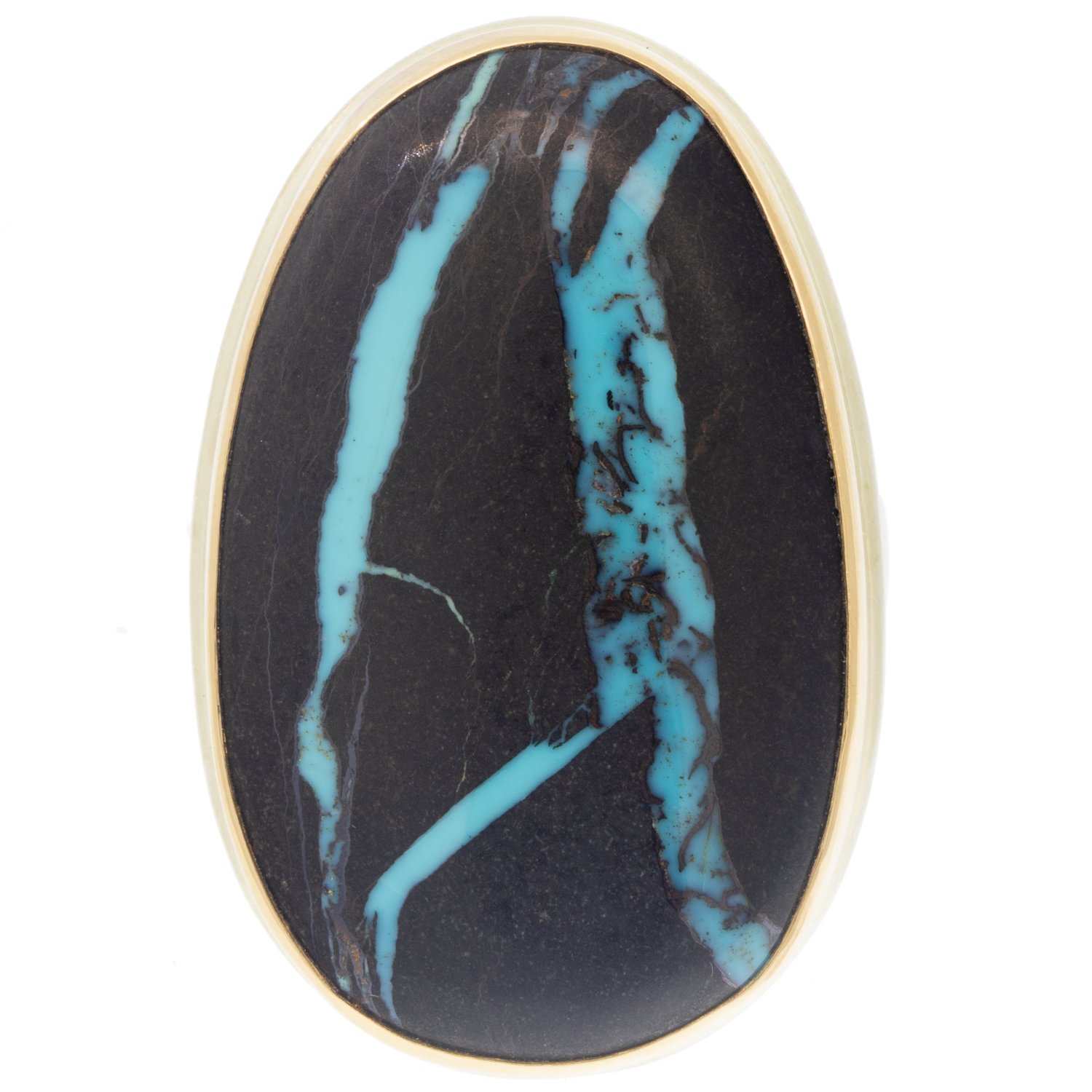 Jamie Joseph: Ring, Large vertical asymmetrical, 14K gold bezel set Blackwater turquoise, Sterling silver comfort band, Stone measures 1 1/4 x 3/4, Currently available in size 7 3/4