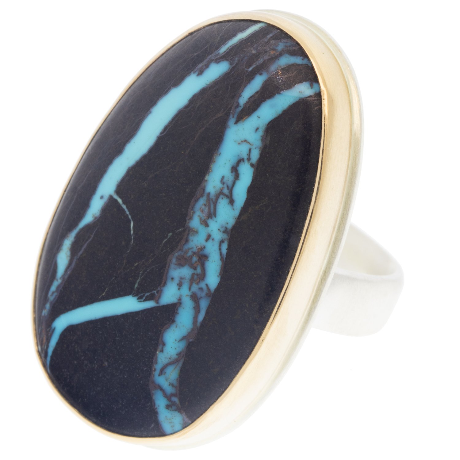 Jamie Joseph: Ring, Large vertical asymmetrical, 14K gold bezel set Blackwater turquoise, Sterling silver comfort band, Stone measures 1 1/4 x 3/4, Currently available in size 7 3/4