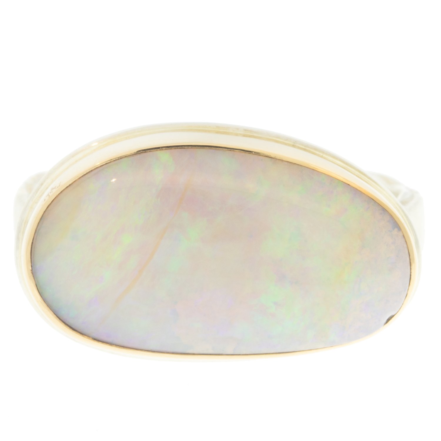 Jamie Joseph: Ring, Asymmetrical, 14K gold bezel set Australian opal, Sterling silver eroded live edge band, Stone measures / x /, Currently available in size