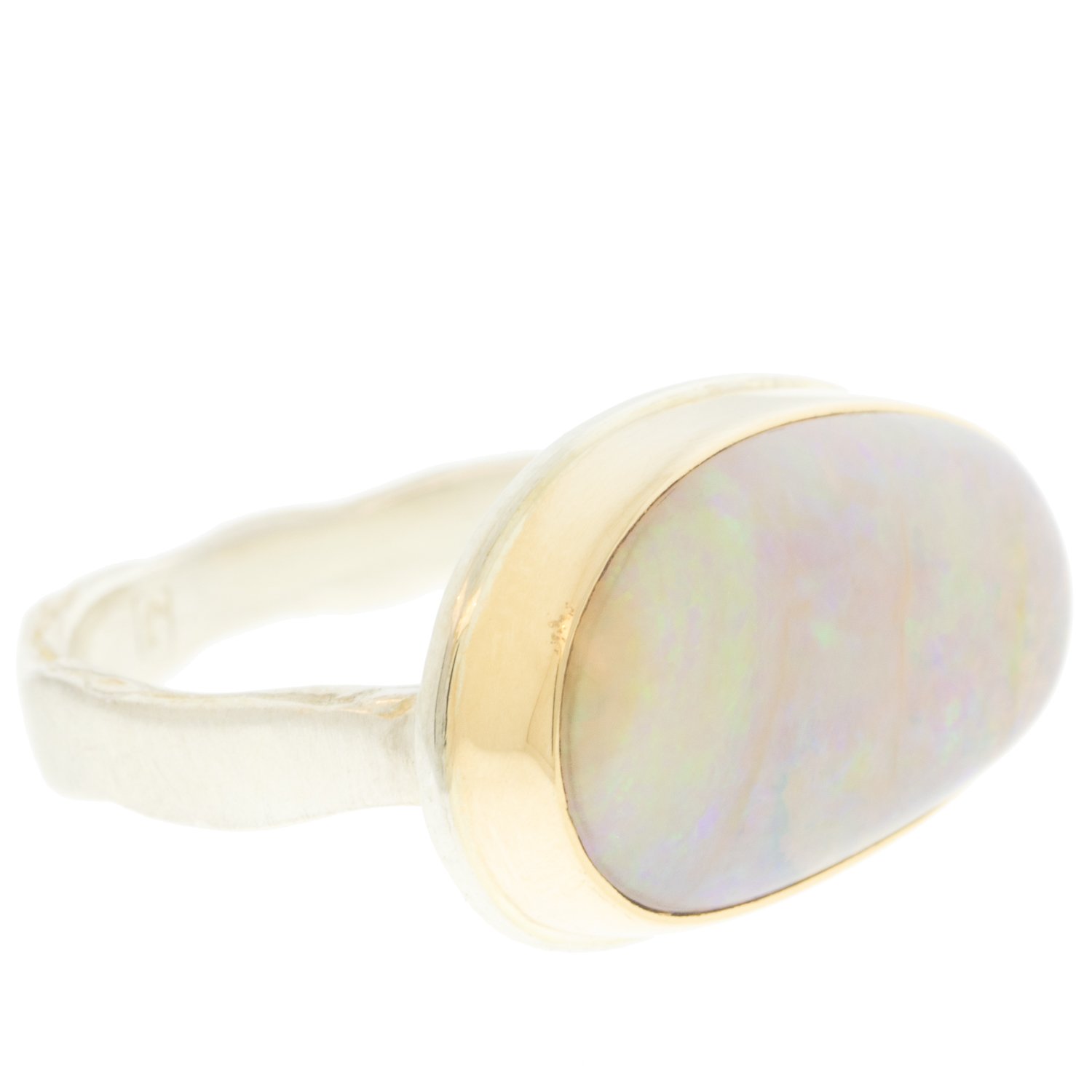 Jamie Joseph: Ring, Asymmetrical, 14K gold bezel set Australian opal, Sterling silver eroded live edge band, Stone measures / x /, Currently available in size