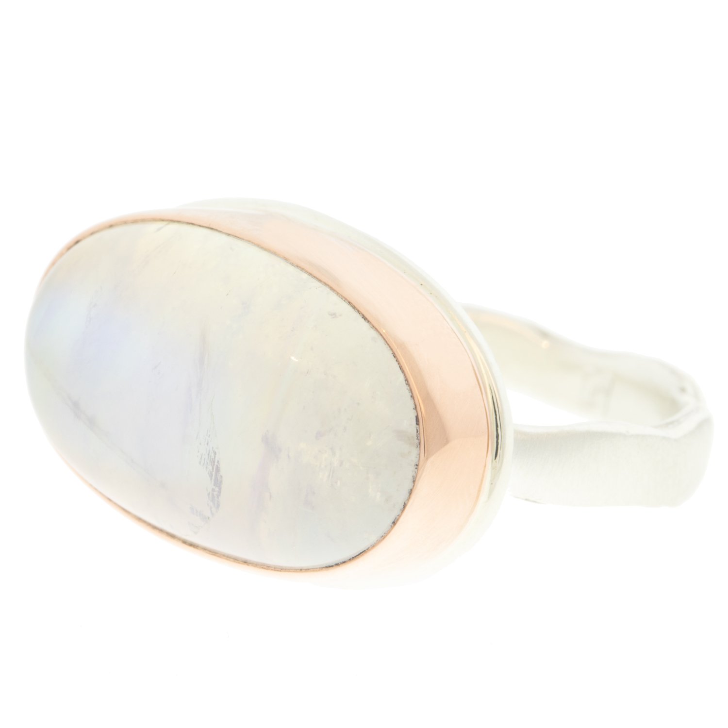 Jamie Joseph: Ring, Small oval smooth, 14K rose gold bezel set white rainbow moonstone, Sterling silver eroded live edge band, Stone measures 7/16 x 3/4, Currently available in size 7 1/4