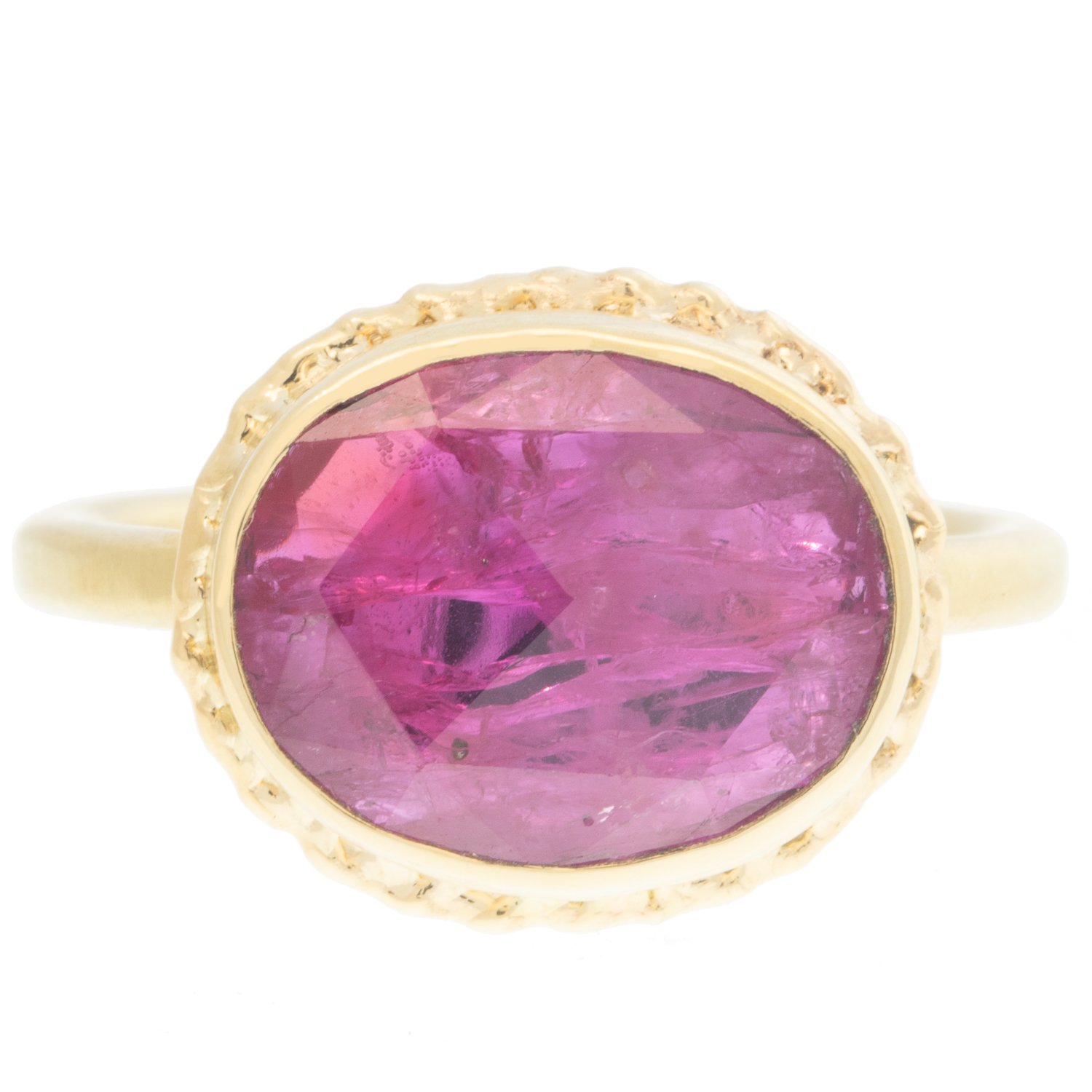 Jamie Joseph: Ring, 14k Gold ,Oval rose cut Mozambique ruby,ruffled platform sand band,Stone measures 7/16 x 1/2,Size7.5