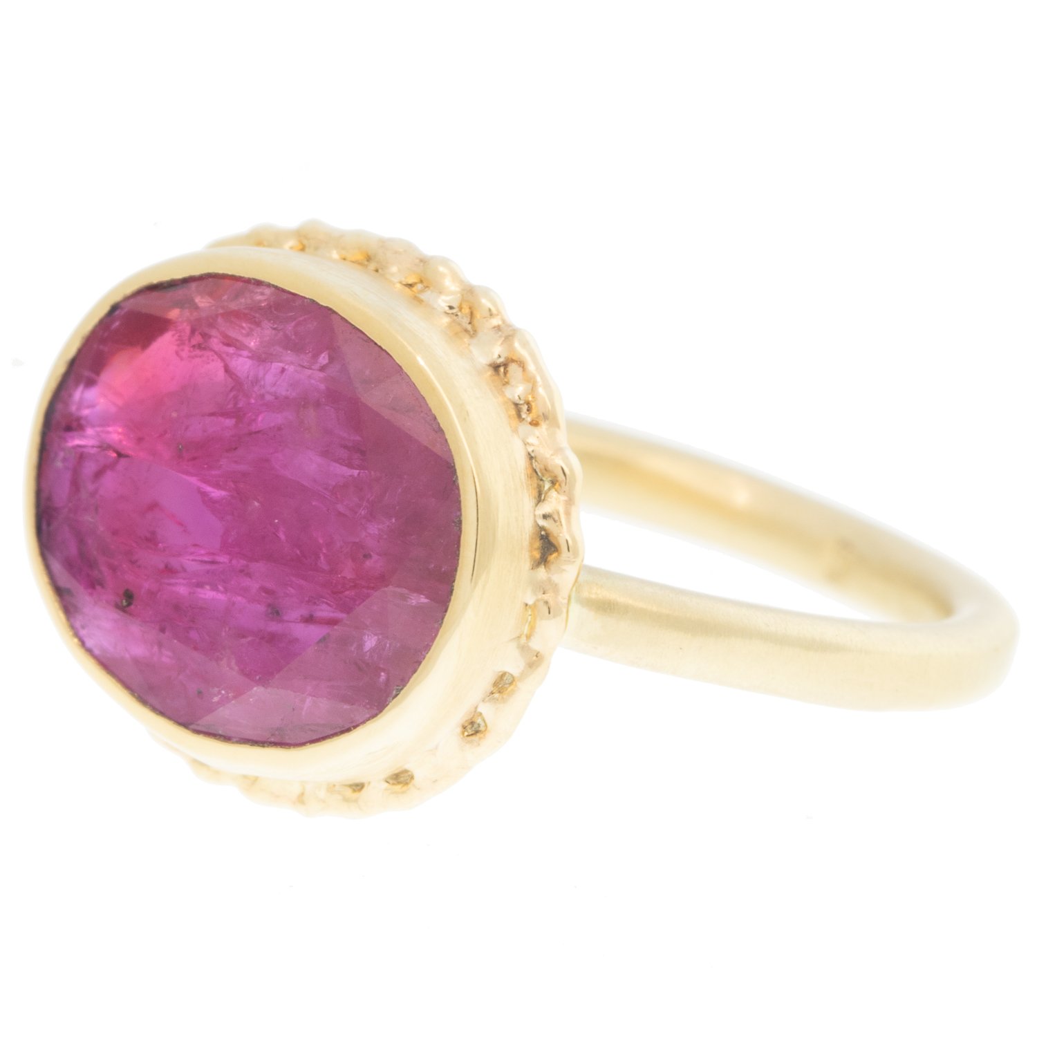 Jamie Joseph: Ring, 14k Gold ,Oval rose cut Mozambique ruby,ruffled platform sand band,Stone measures 7/16 x 1/2,Size7.5