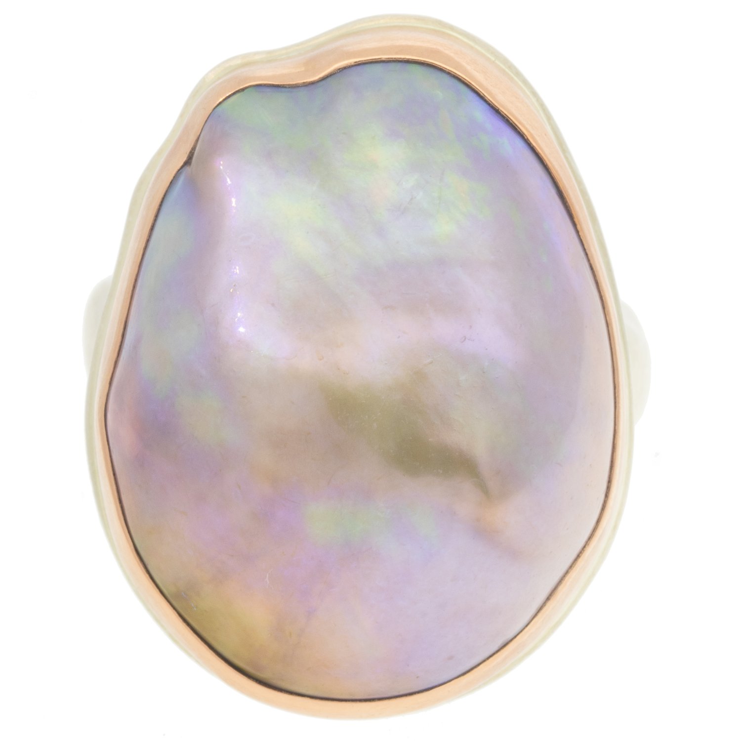 Jamie Joseph: Ring, Sterling silver & 14k Rose Gold with Large vertical asymmetrical Cultured Pearl,Groovy band,Stone measures 1 x3/4 ,Size 7.5