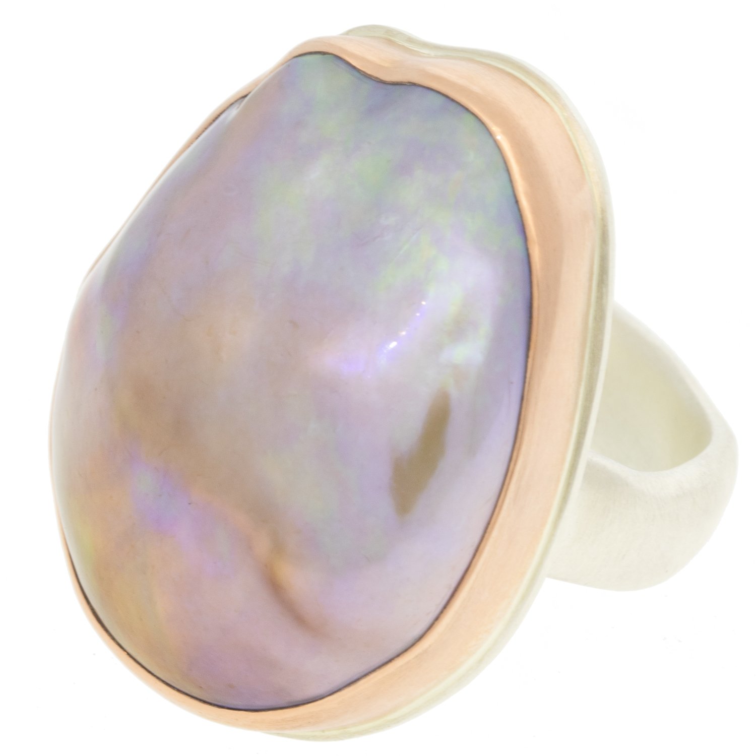 Jamie Joseph: Ring, Sterling silver & 14k Rose Gold with Large vertical asymmetrical Cultured Pearl,Groovy band,Stone measures 1 x3/4 ,Size 7.5