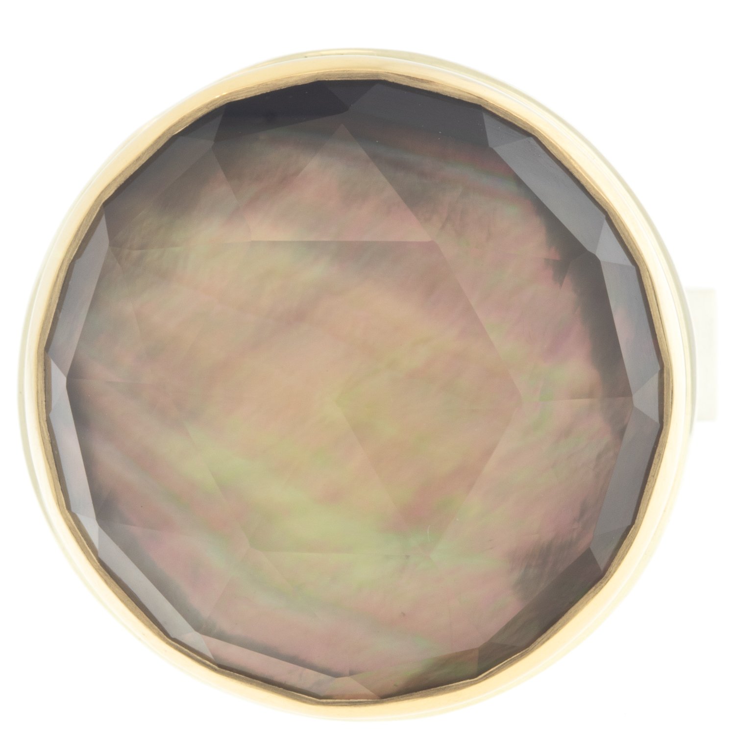 Jamie Joseph: Ring, Round rose cut, 14K gold bezel set rock crystal over black mop, Sterling silver live edge band, Stone measures 3/4 in diameter, Currently available in size 7 1/2