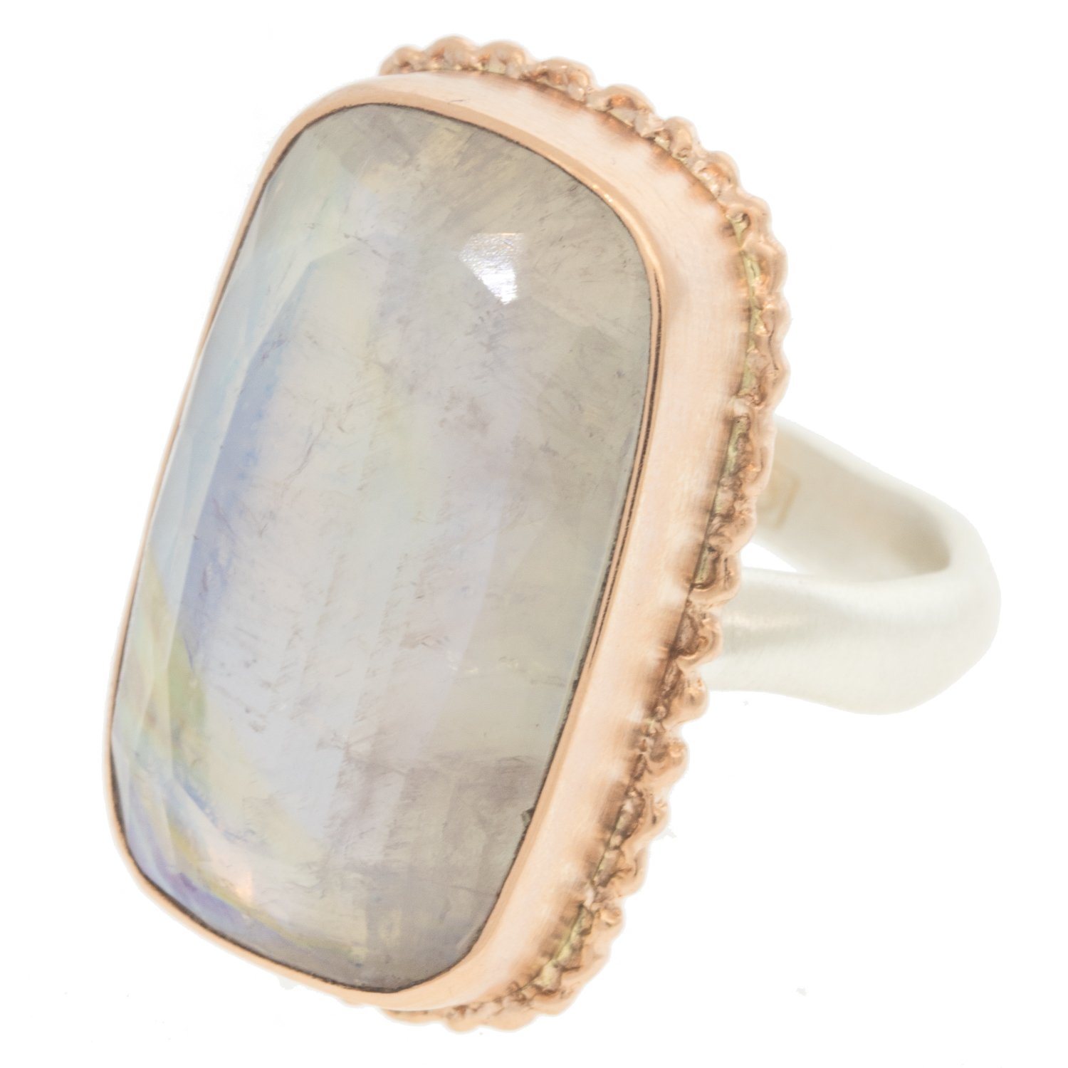 Jamie Joseph: Ring, Vertical rectangular table up, 14K rose gold bezel set white rainbow moonstone on ruffled platform, Sterling silver middle groovy band, Stone measures / x /, Currently available in size
