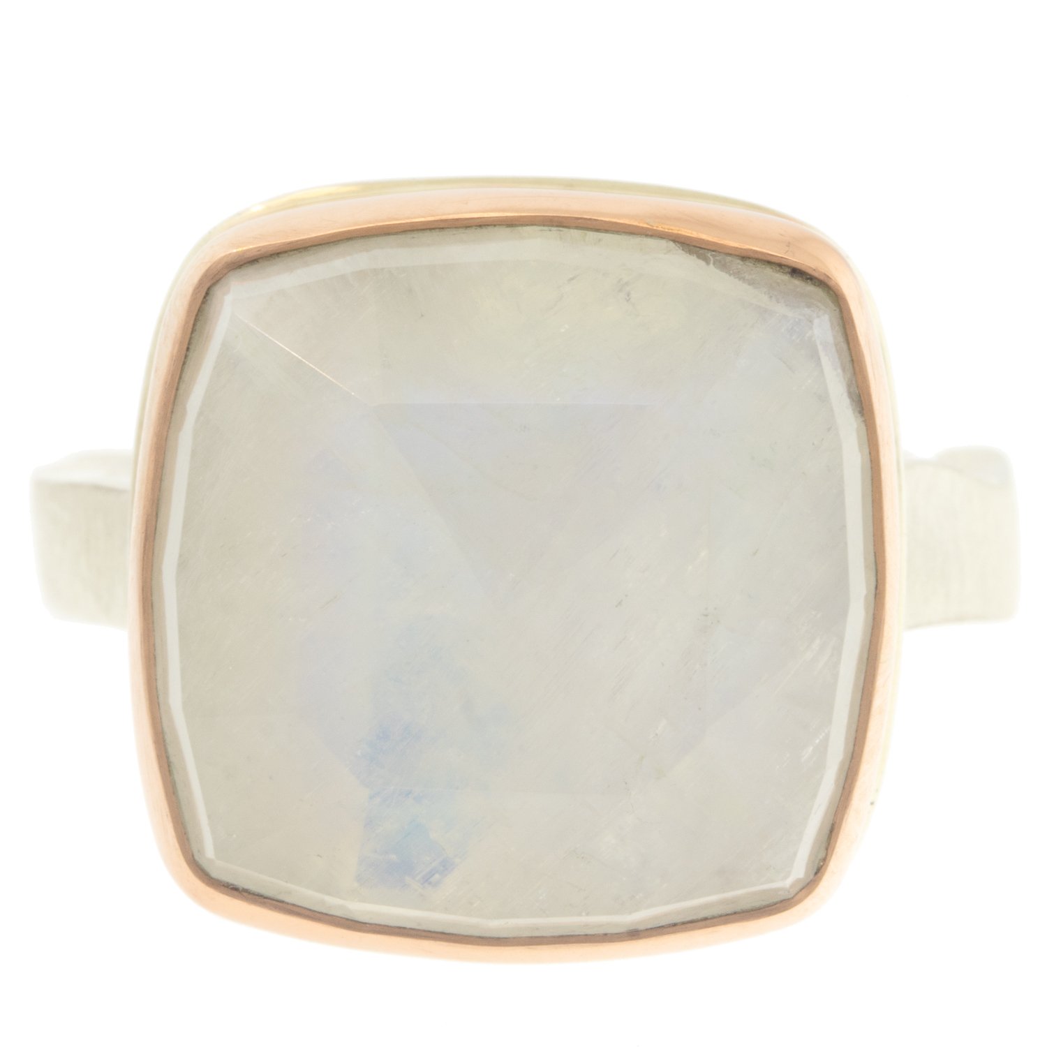 Jamie Joseph: Ring, Small square rose cut, 14K rose gold bezel set white rainbow moonstone, Sterling silver soft live edge band, Stone measures / x /, Currently available in size
