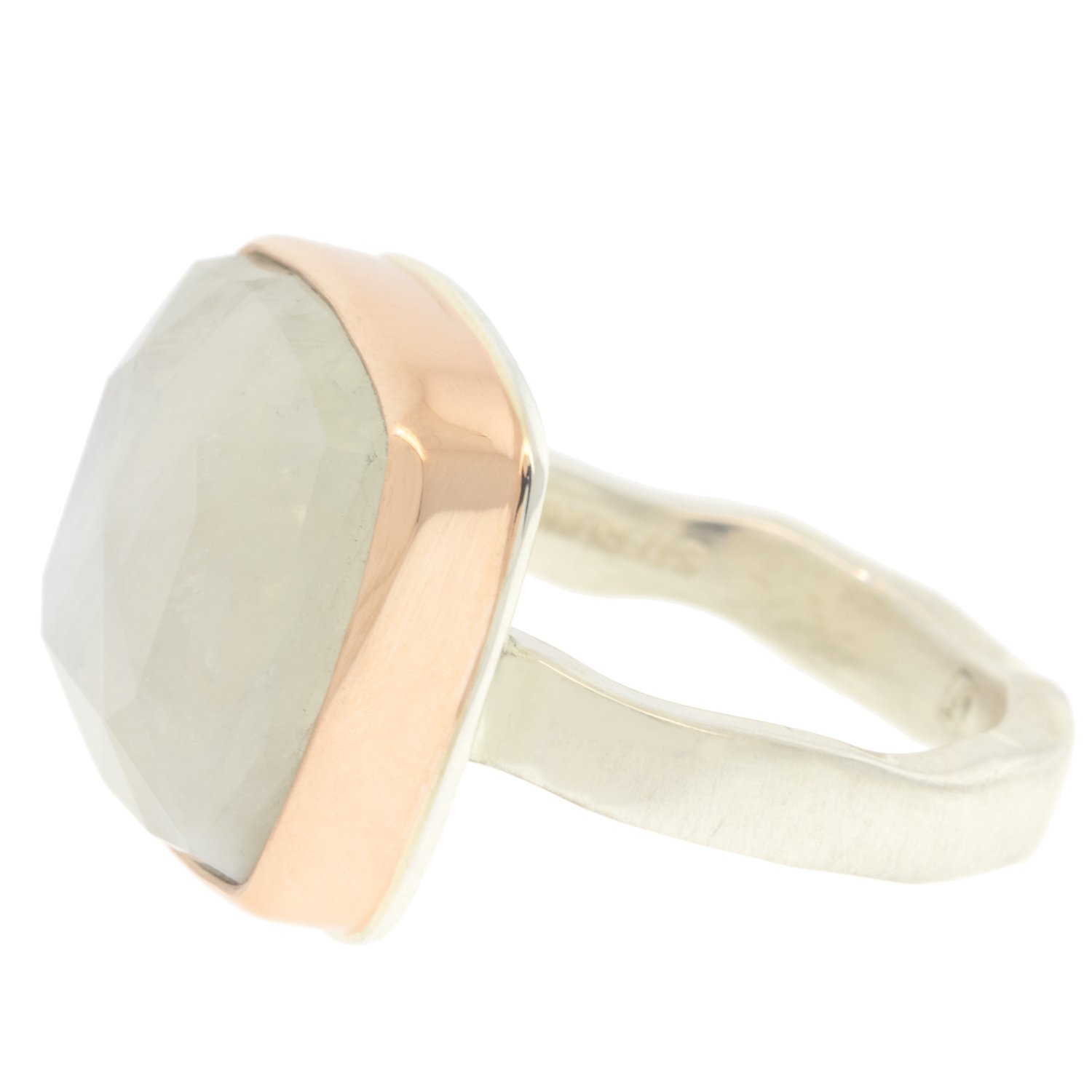 Jamie Joseph: Ring, Small square rose cut, 14K rose gold bezel set white rainbow moonstone, Sterling silver soft live edge band, Stone measures / x /, Currently available in size