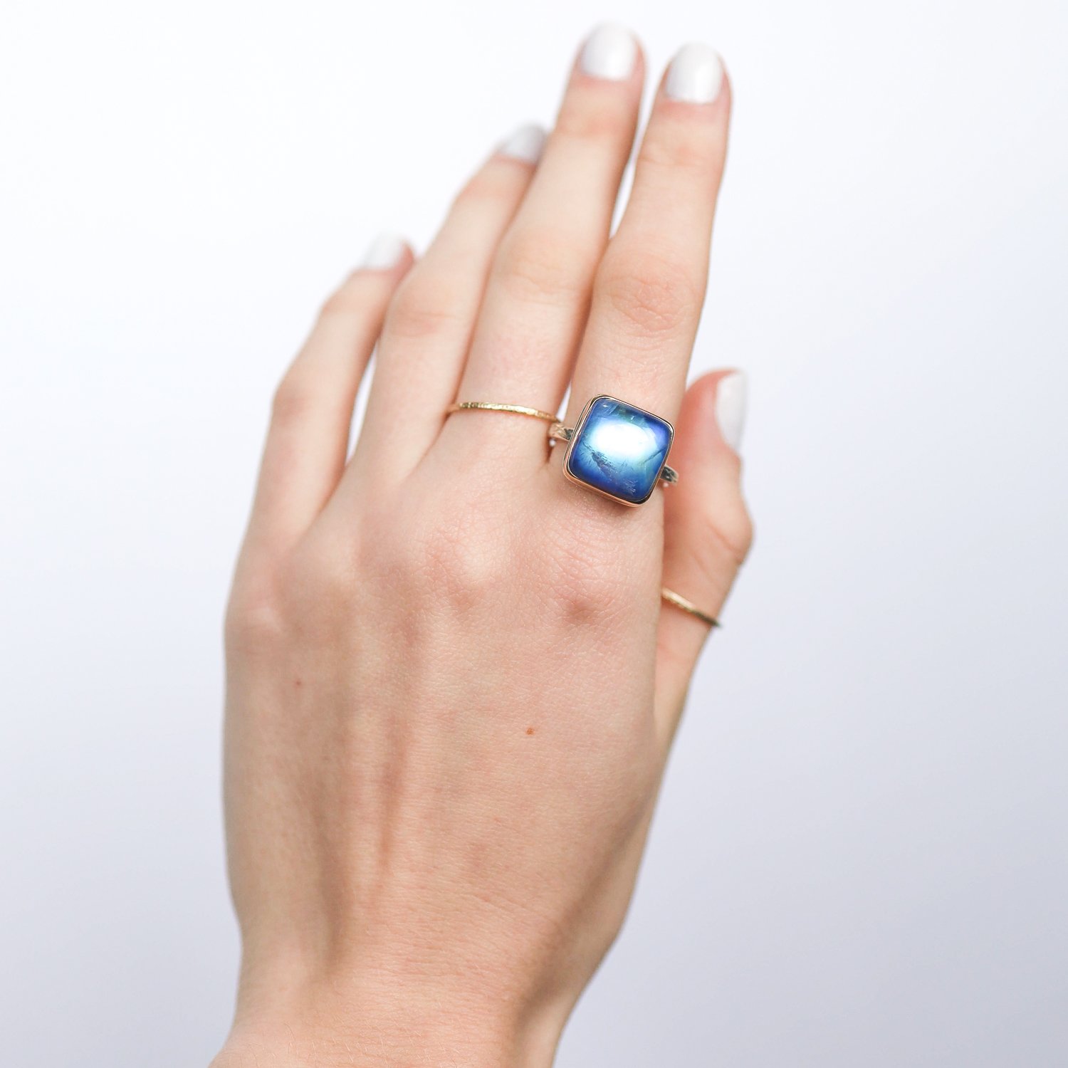 Jamie Joseph: Ring, Small square smooth, 14K gold bezel set blue rainbow moonstone, Sterling silver skinny vine band, Stone measures / x /, Currently available in size
