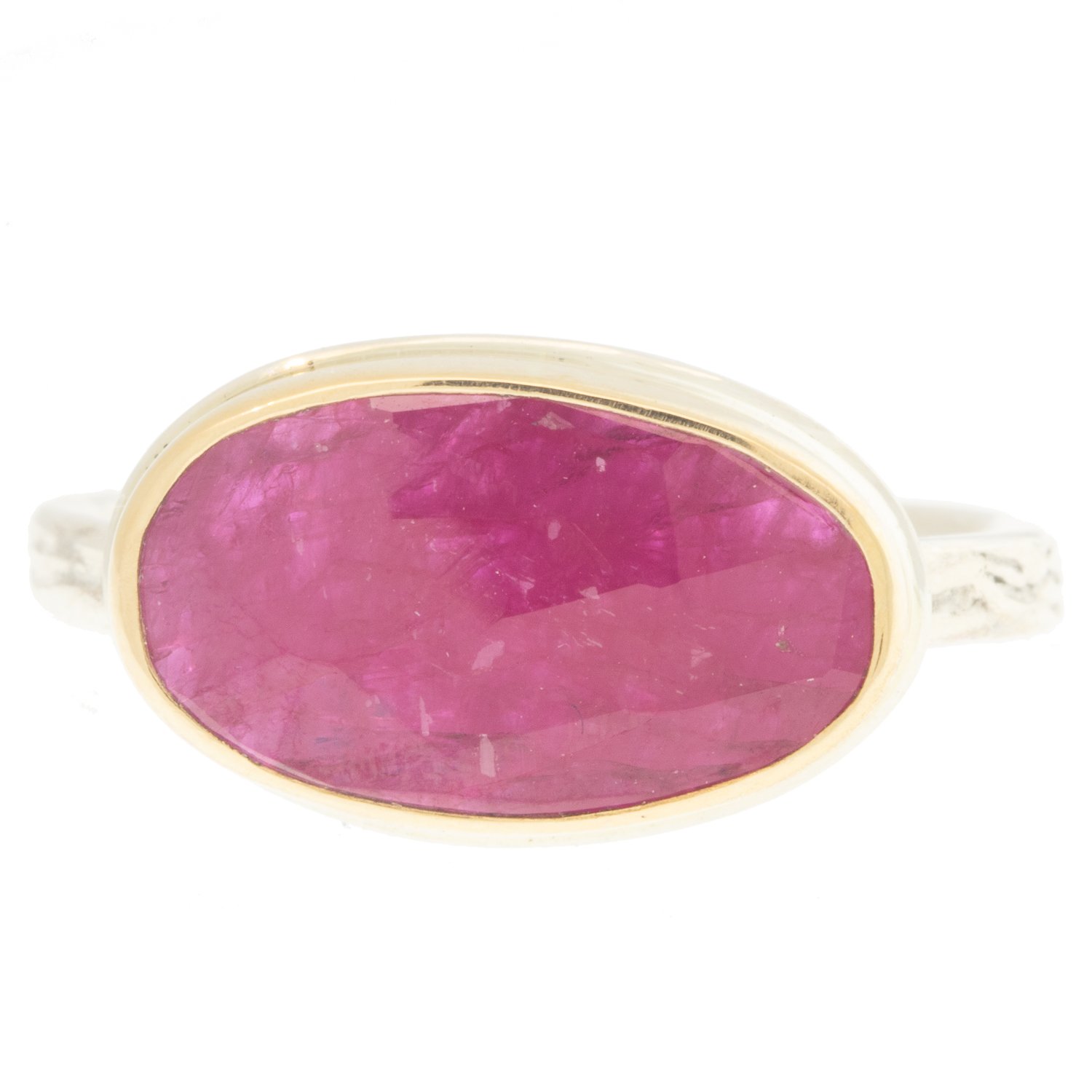 Jamie Joseph: Ring, Small asymmetrical rose cut, 14K gold bezel set Mozambique ruby, Sterling silver skinny vine band, Stone measures / x /, Currently available in size