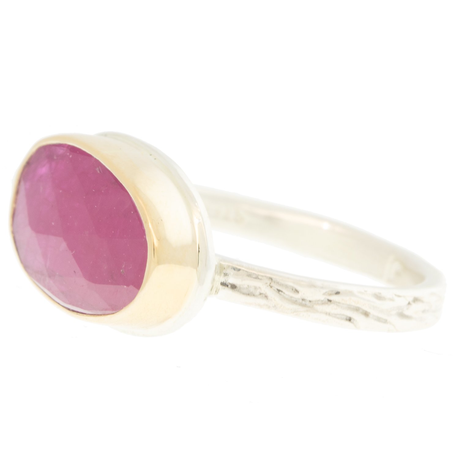 Jamie Joseph: Ring, Small asymmetrical rose cut, 14K gold bezel set Mozambique ruby, Sterling silver skinny vine band, Stone measures / x /, Currently available in size