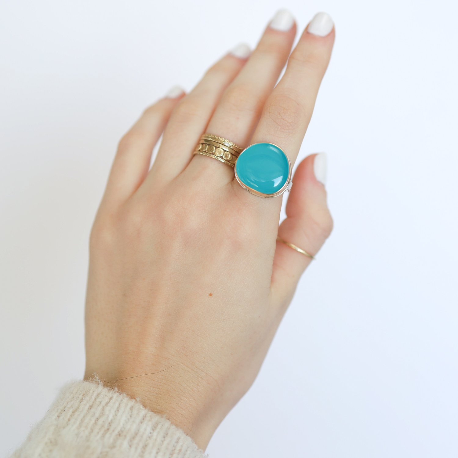 Jamie Joseph: Ring, Asymmetrical, 14K gold bezel set Victoria stone, Sterling silver skinny wrap band, Stone measures 11/16 x 11/16, Currently available in size 6 3/4