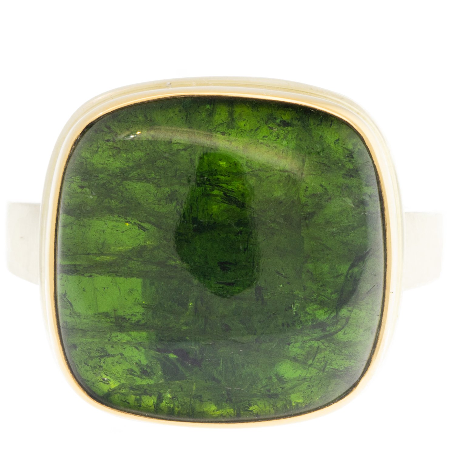 Jamie Joseph: Ring, Sterling silver & 14k Gold,Square smooth Green Tourmaline on tapered X band,Stone measures 5/8 x 5/8,Size 7.5