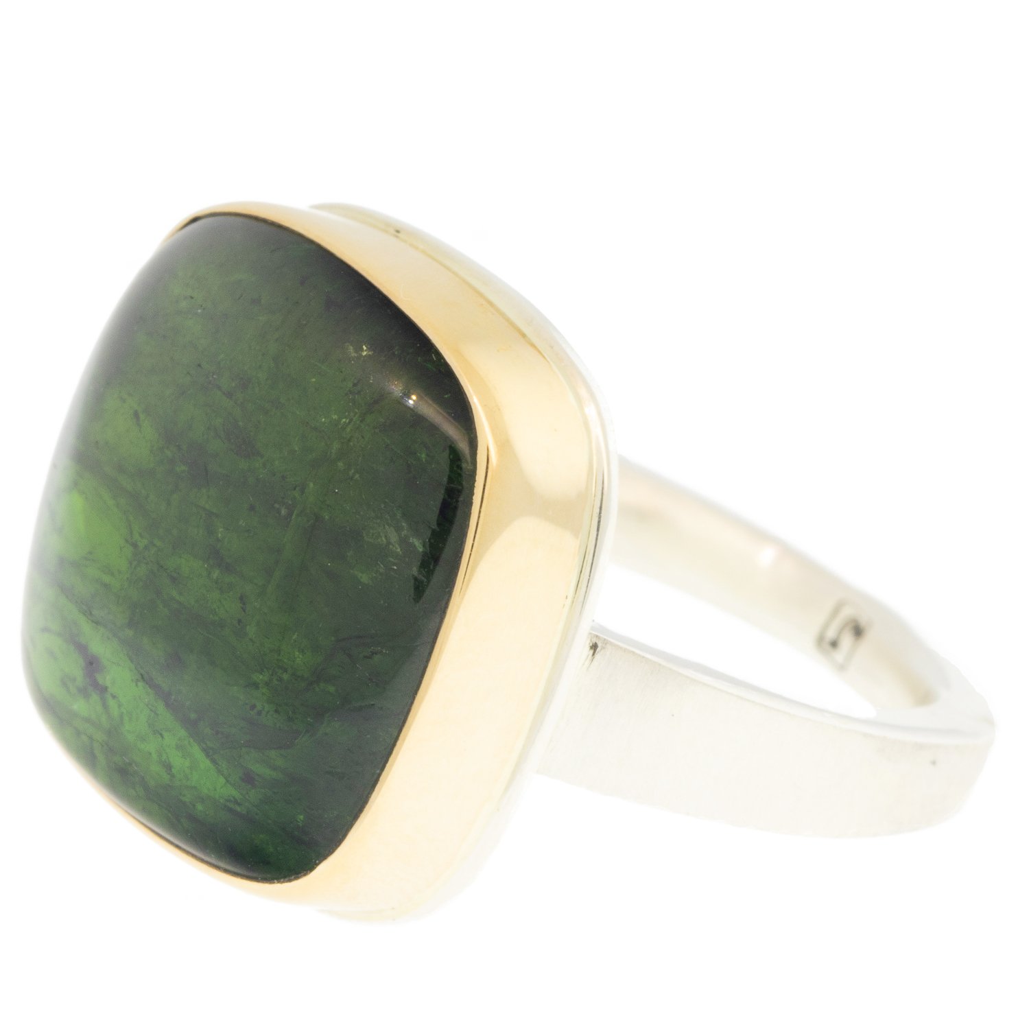 Jamie Joseph: Ring, Sterling silver & 14k Gold,Square smooth Green Tourmaline on tapered X band,Stone measures 5/8 x 5/8,Size 7.5