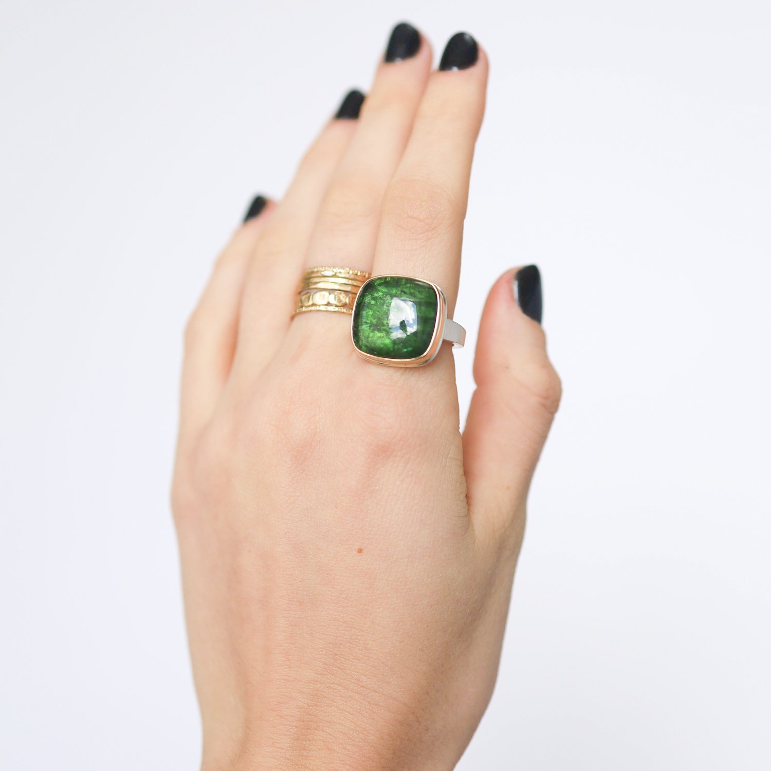 Jamie Joseph: Ring, Sterling silver & 14k Gold,Square smooth Green Tourmaline on tapered X band,Stone measures 5/8 x 5/8,Size 7.5