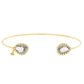 Tai: Gold Open Bracelet w/ Tear Shaped Charcoal Colored Glass & CZ