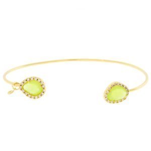 Tai: Gold Open Bracelet w/ Tear Shaped Green Colored Glass & CZ