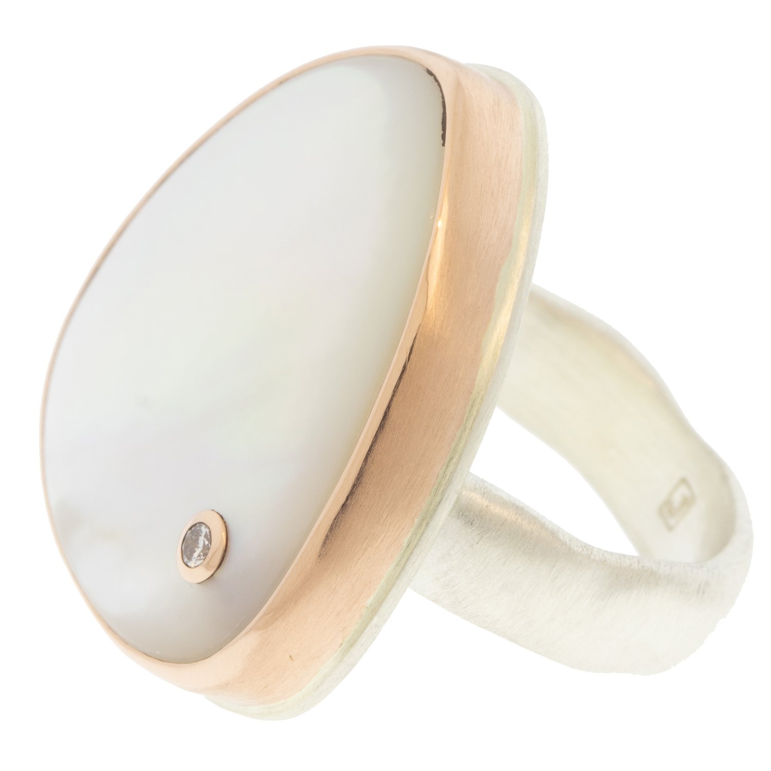 Jamie Joseph: Ring, Triangular, 14K rose gold bezel set pink mother of pearl, Diamond, .03ct, Sterling silver groovy band, Stone measures 15/16 x 7/8, Currently available in size 8 1/2