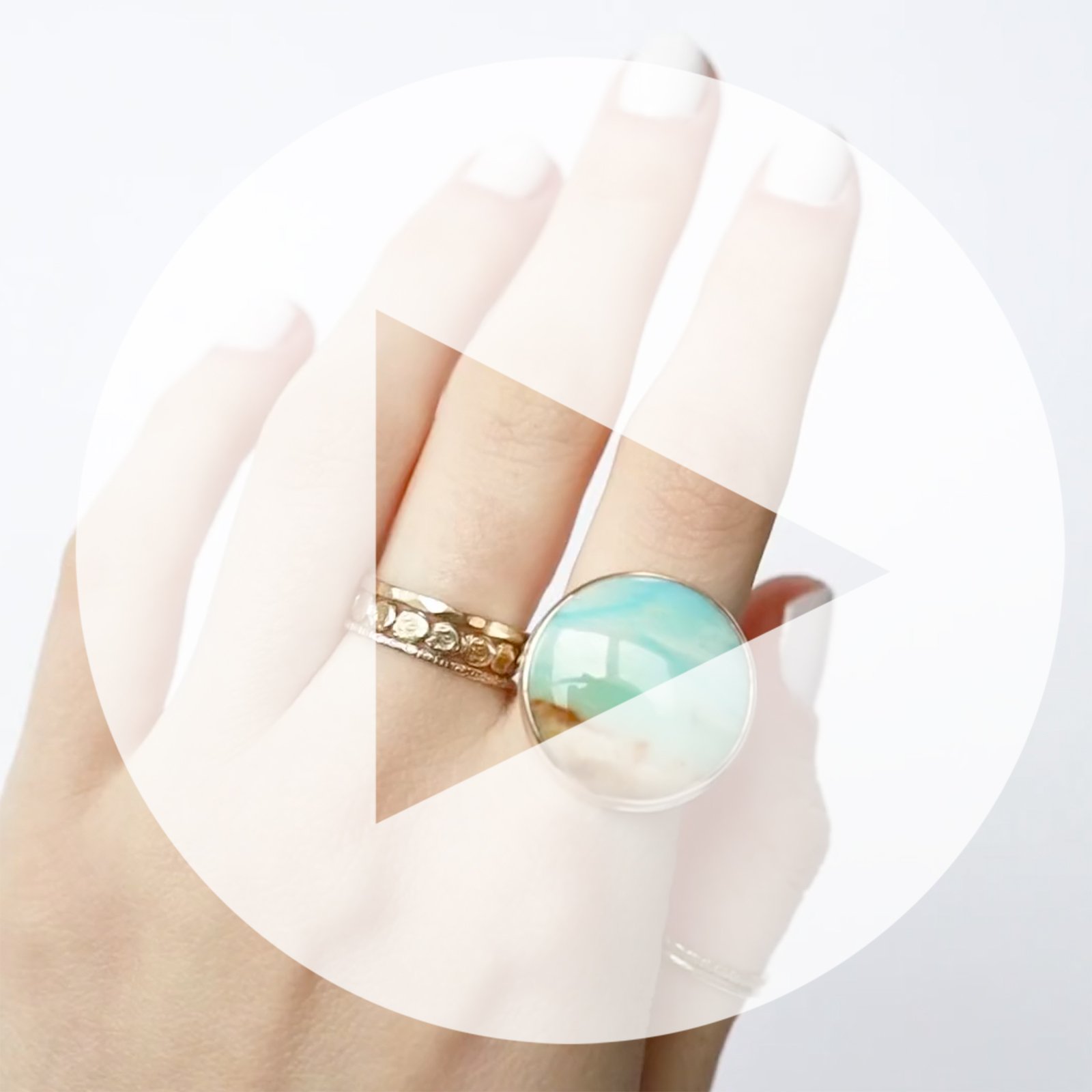 Jamie Joseph: Ring, Round, 14K gold bezel set blue Indonesian fossilized opalized wood, Sterling silver live edge band, Stone measures 13/16 in diameter, Currently available in size 7 1/2