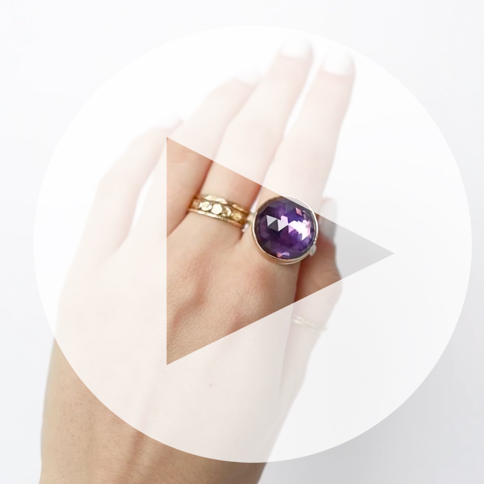 Jamie Joseph: Ring, Medium round rose cut, 14K yellow gold bezel set amethyst, Sterling silver middle groovy band, Stone measures 11/16 in diameter, Currently available in size 6 3/4