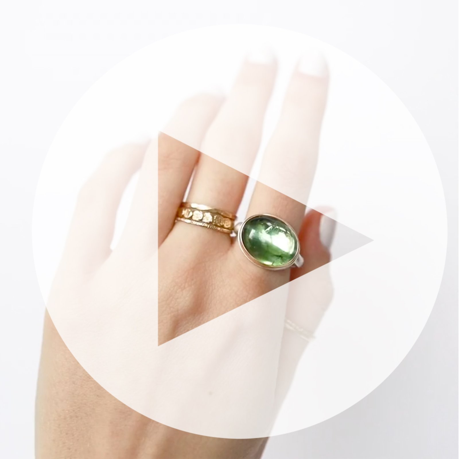 Jamie Joseph: Ring, Oval smooth, 14K yellow gold bezel set green tourmaline, Sterling silver middle groovy band, Stone measures 1/2 x 5/8, Currently available in size 8 1/4
