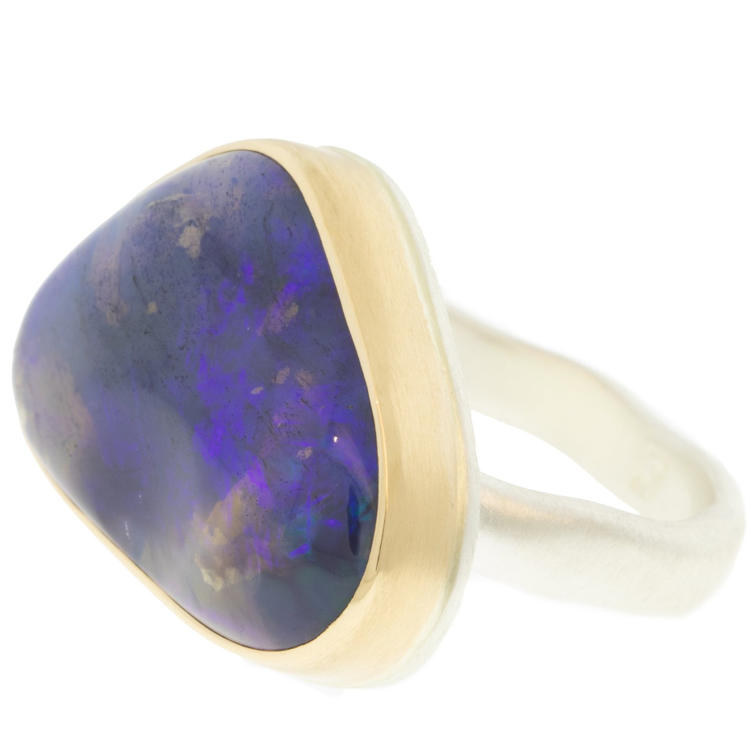 Jamie Joseph: Ring, Asymmetrical, 14K gold bezel set Australian opal, Sterling silver middle groovy band, Stone measures 7/8 x 5/8, Currently available in size 7 1/2