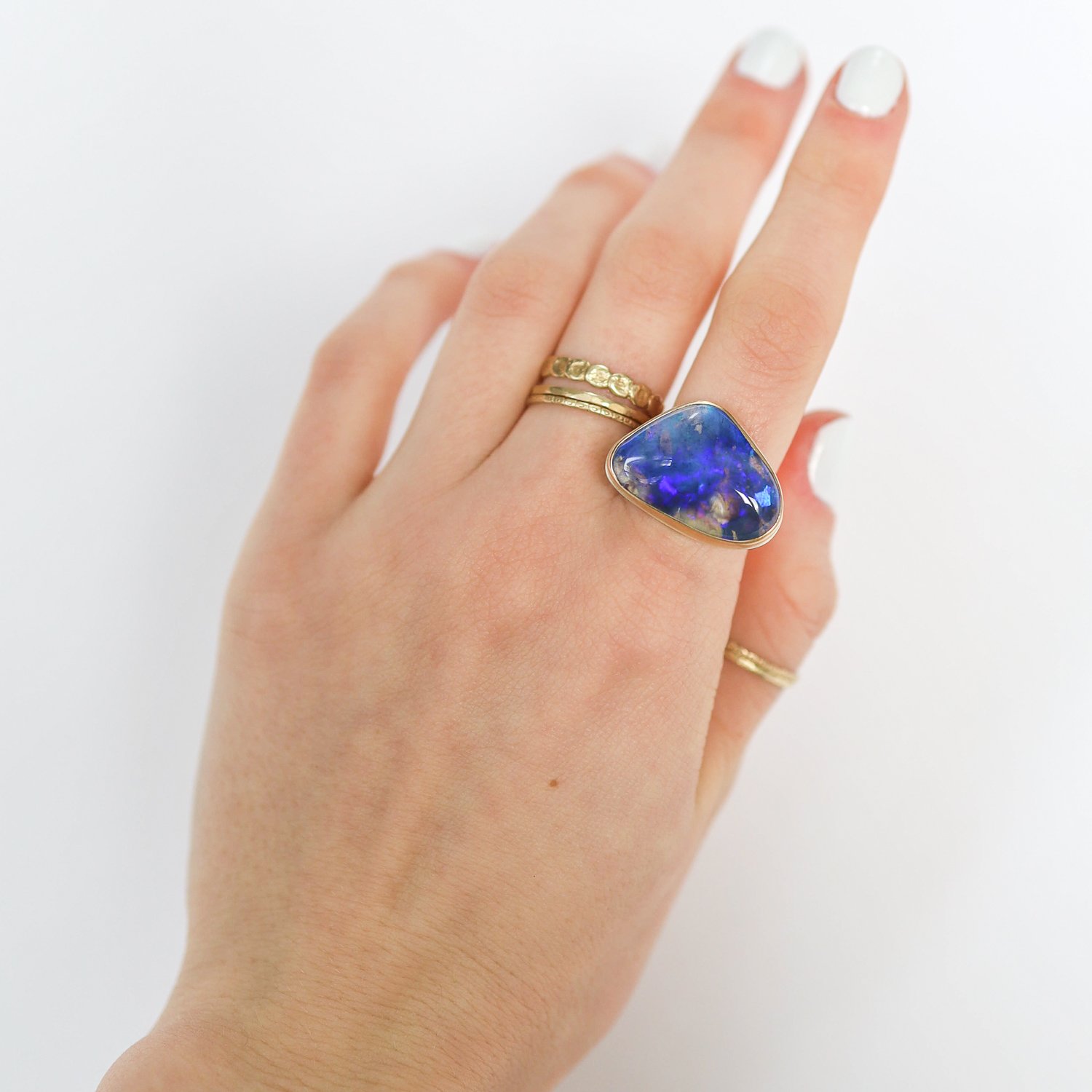Jamie Joseph: Ring, Asymmetrical, 14K gold bezel set Australian opal, Sterling silver middle groovy band, Stone measures 7/8 x 5/8, Currently available in size 7 1/2