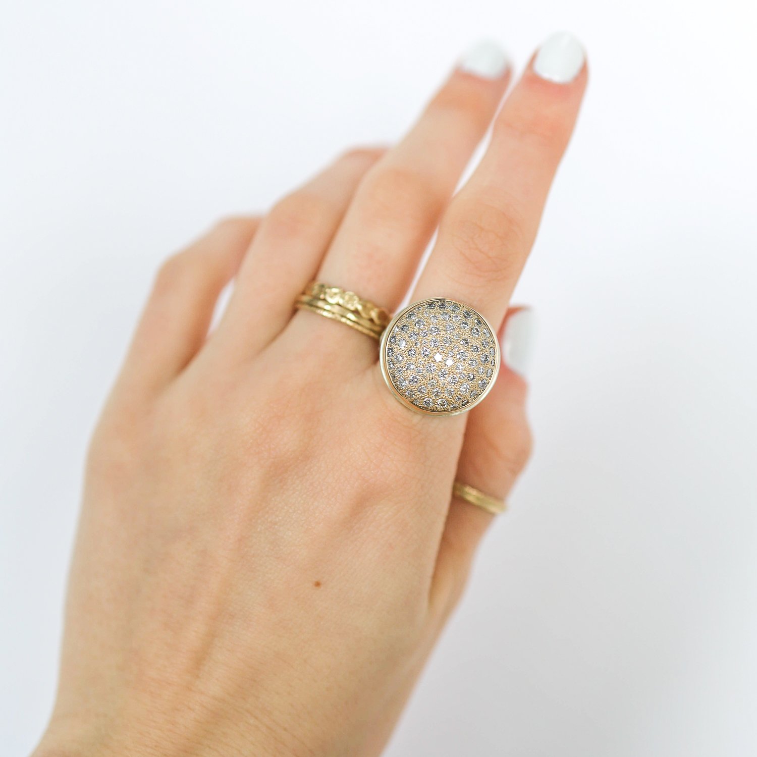 Jamie Joseph: Ring, 14K gold bezel set white diamond pavé cluster, 1.49 TCW, Ring face measures 3/4 in diameter, Currently available in size