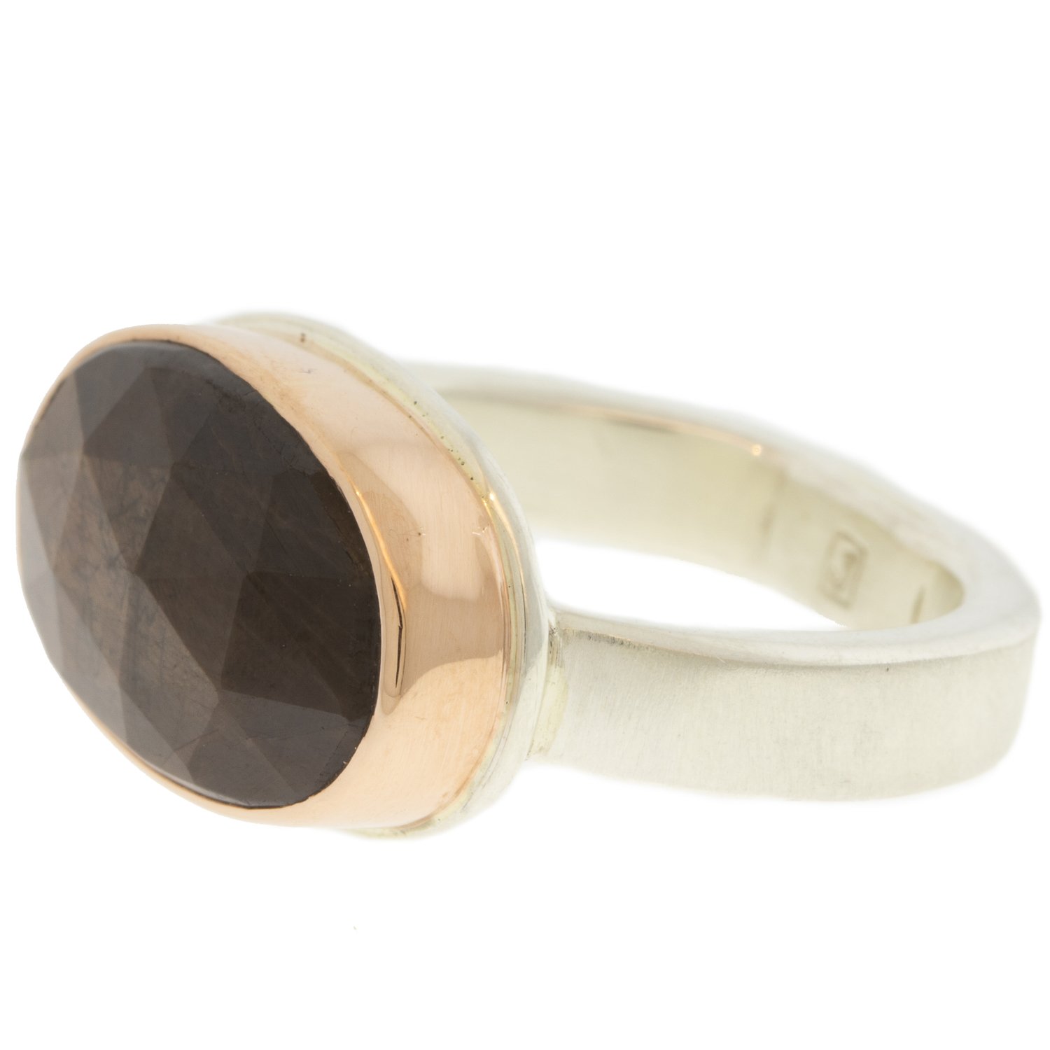 Jamie Joseph: Ring, Small oval rose cut, 14K rose gold bezel set brown sapphire, Sterling silver skinny smooth band, Stone measures 7/16 x 11/16, Currently available in size 7