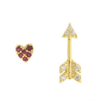 Tai: mixed match - pave arrow post earring with DF-27-red CZ heart