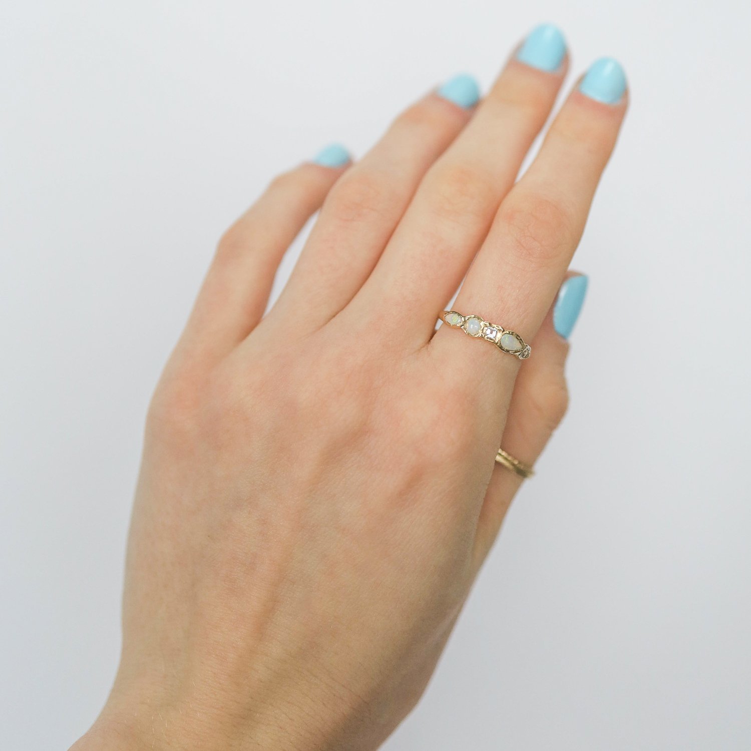 Misa Jewelry: Ring, Journey Treasure Mermaid, Opal, Aquamarine, 14k yellow gold, Size 6 1/4