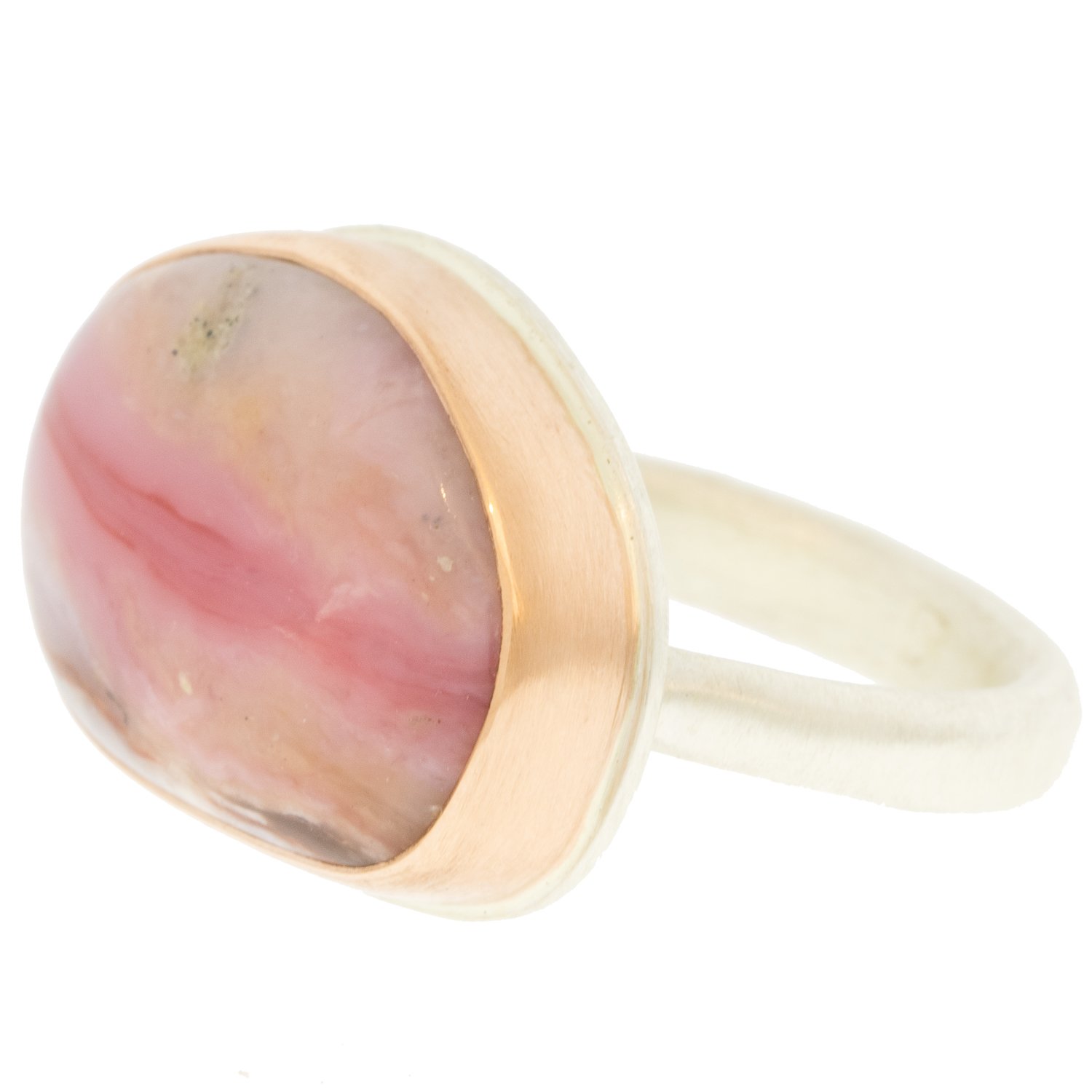 Jamie Joseph: Ring, Asymmetrical smooth, 14K rose gold bezel set pink Peruvian opal, Sterling silver Egyptian band, Stone measures 9/16 x 13/16, Currently available in size 7