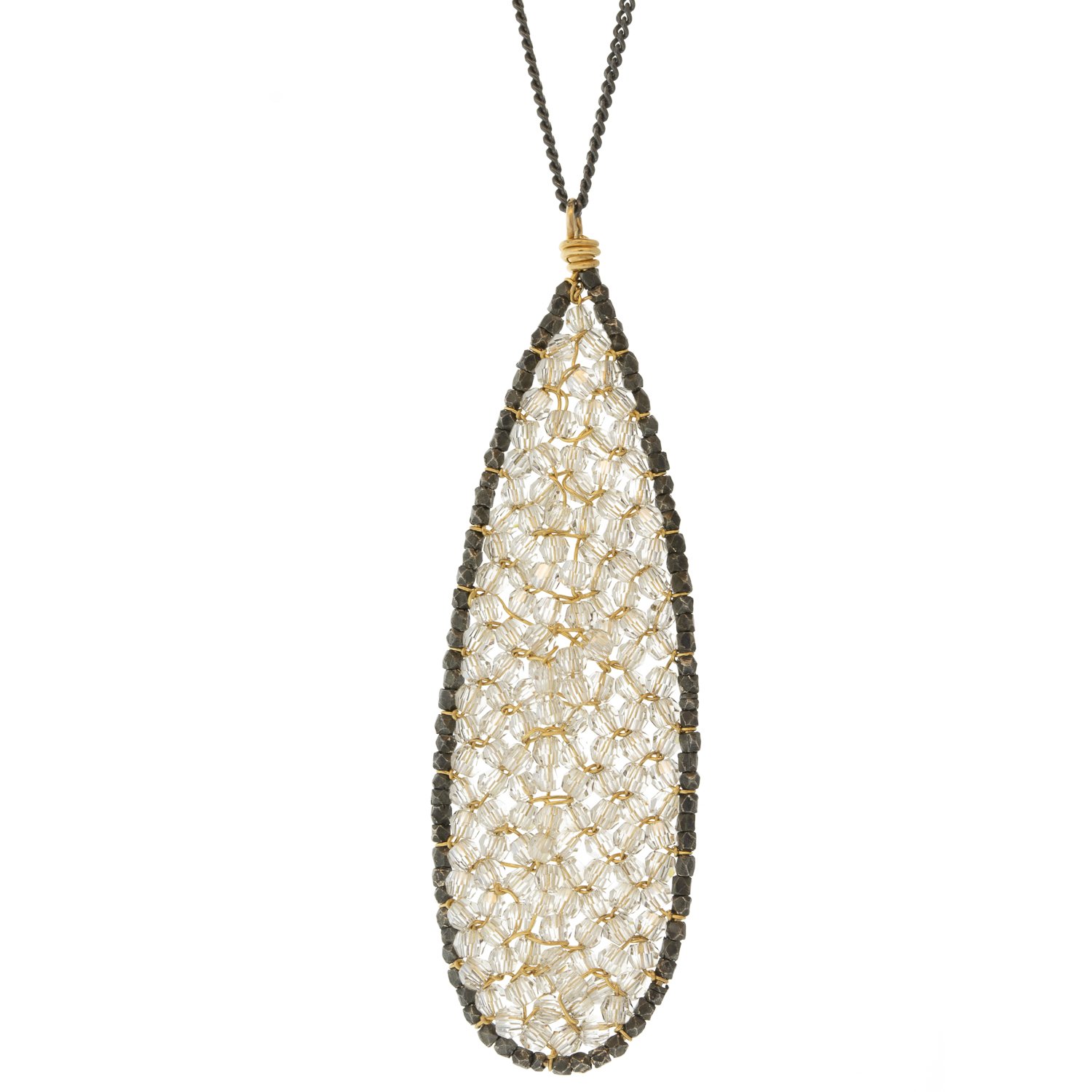 Dana Kellin: Necklace, Long teardrop, Gold fill, Oxidized sterling silver, Clear Swarovski crystals.