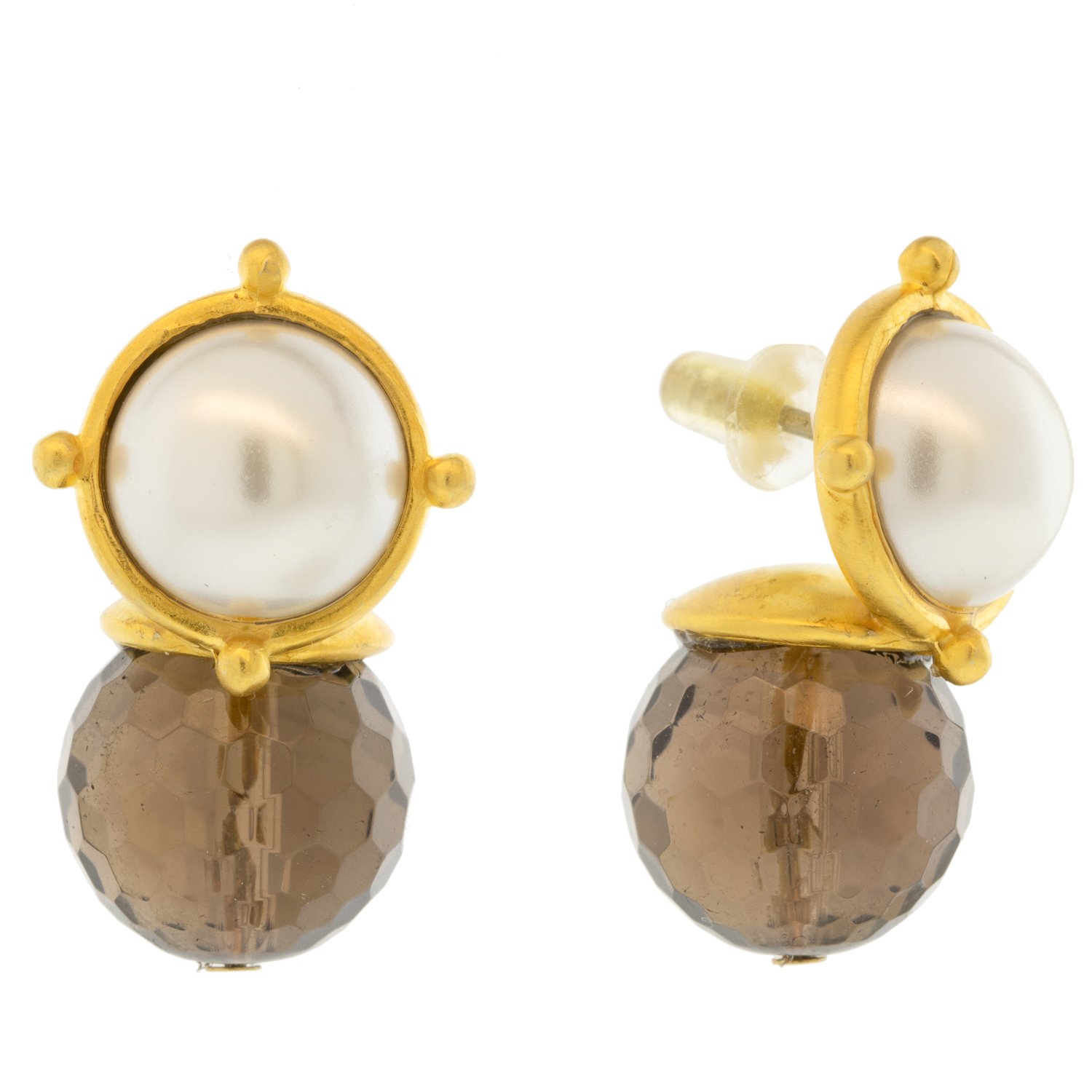Catherine Canino: 18k over brass double earring w/ mabe mother of pearl and SMOKEY QUARTZ stone drop