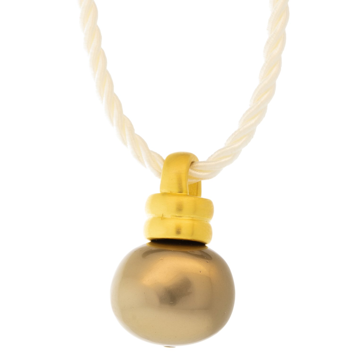 Catherine Canino: Twisted cream cord necklace with large taupe pebble pearl and 18K matte gold over brass detail and pearl button clasp 17"