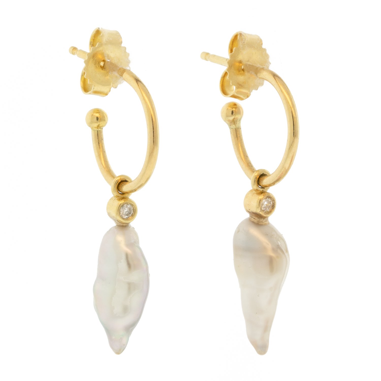 Mizuki: 14K earring, small open hoop Tahitian keshi and diamond .02ct, set of 2
