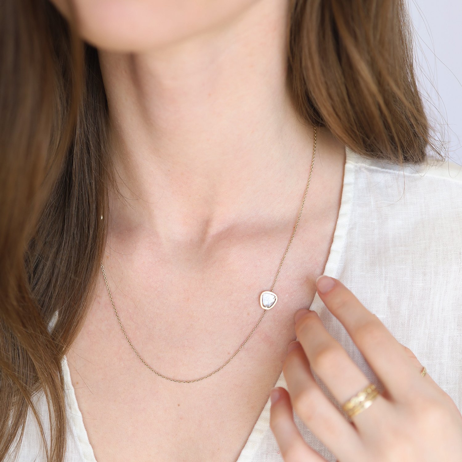 Shaesby: Necklace, Double diamond slice, 14K gold, 20" in length.