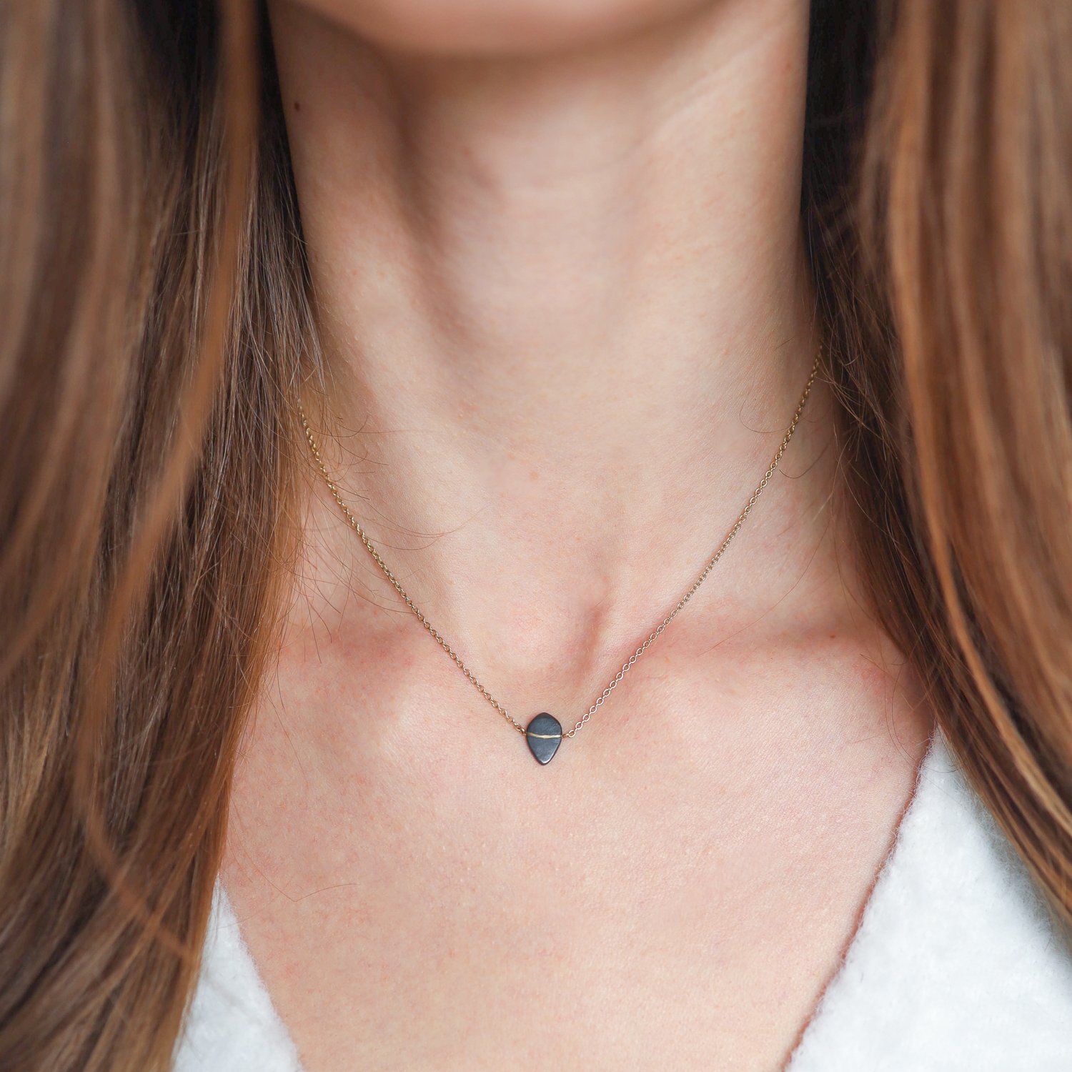 Shaesby: Necklace, Inlay Teardrop, 22K gold, Oxidized silver, 14K gold chain, 15" in length.