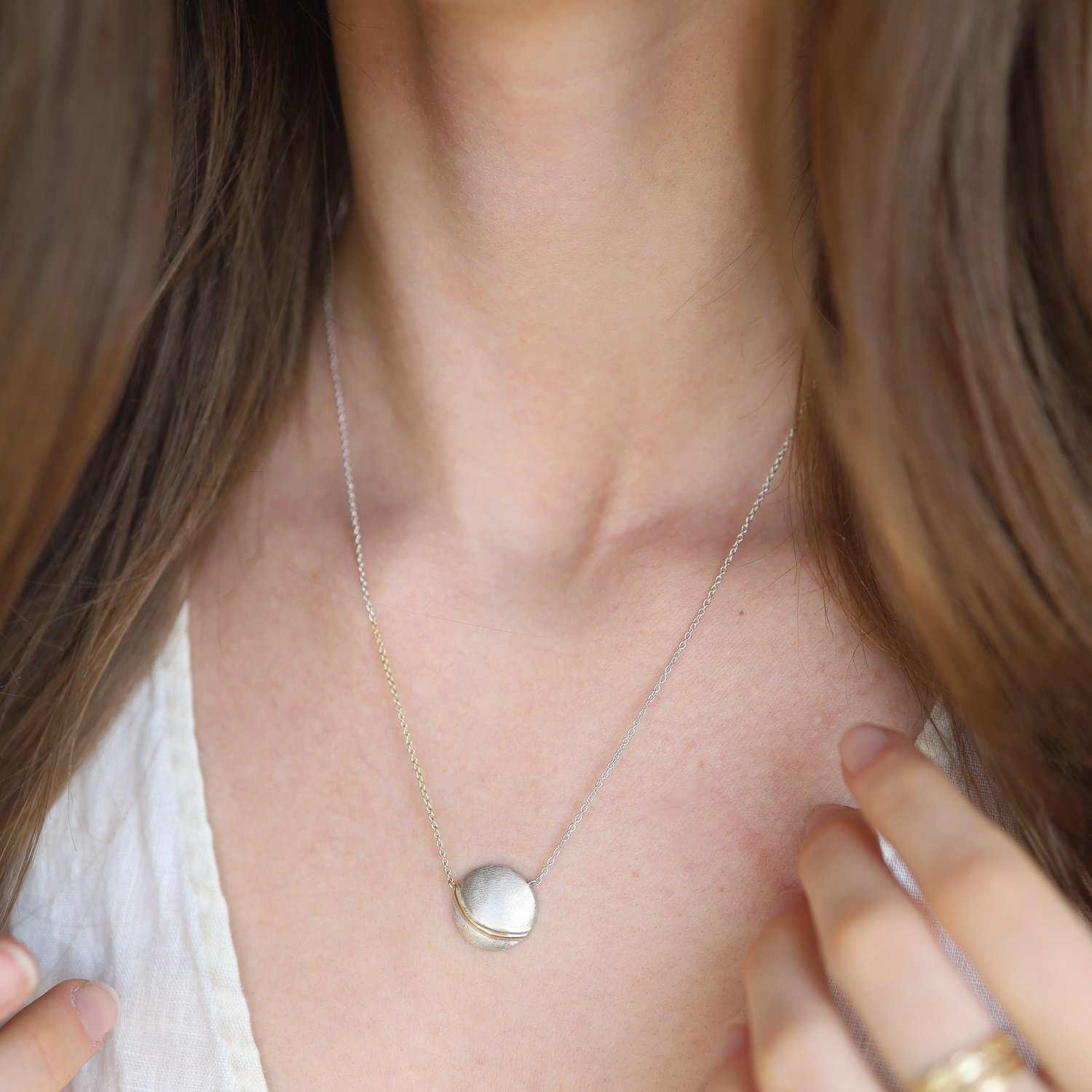 Shaesby: Necklace, Coin accent, Sterling silver, 14K gold, bright.