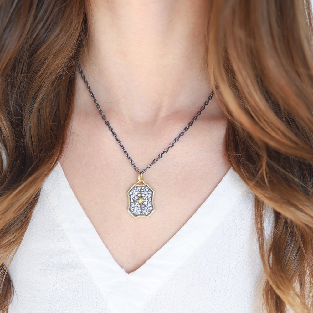 Erica Molinari Trunk Show: Charm, Medium Pave White Diamonds Shimmer North Star Shield, "Follow Your Own Star", Sterling silver, 18K gold, Diamonds, 1.50 TCW, Measures 1 5/16 x 13/16 including bail